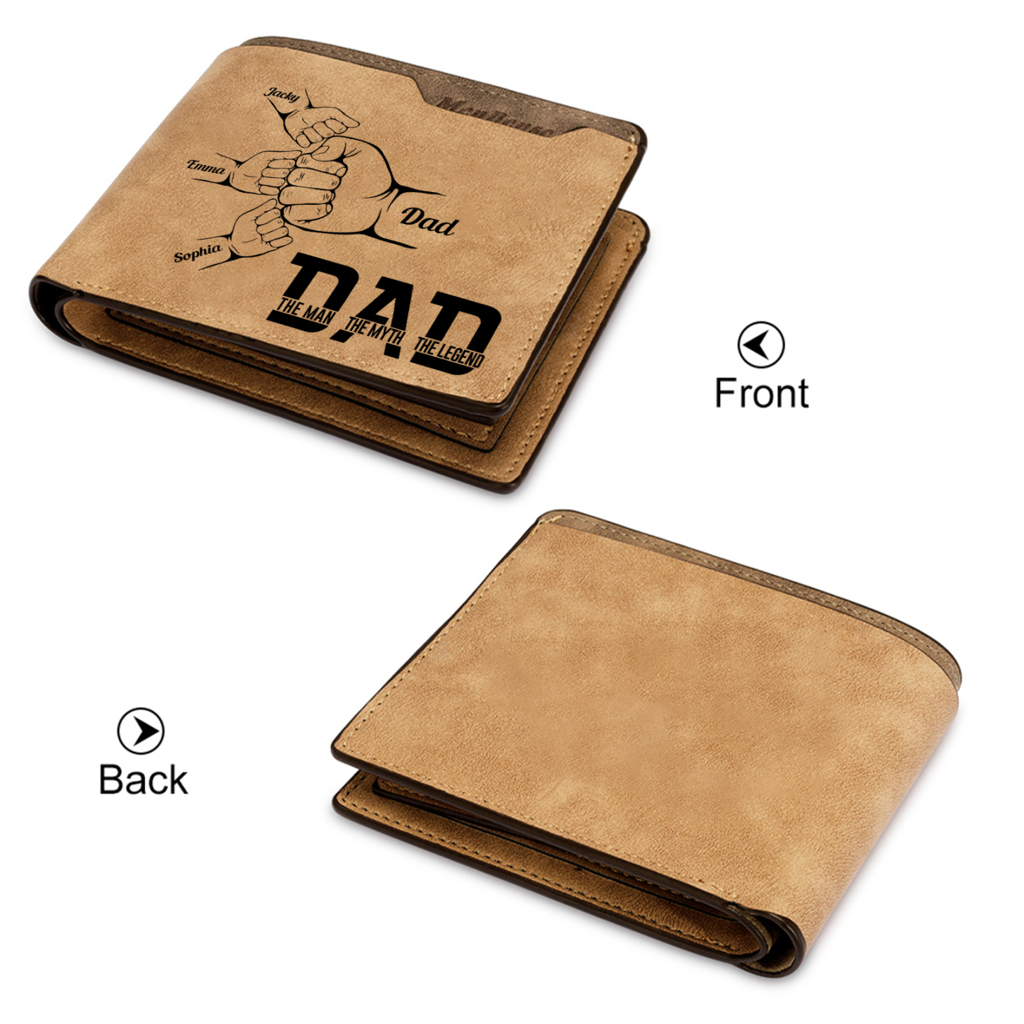 4 Names - Personalized Fist Bump Pattern Custom Name Leather Men's Wallet as a Father's Day Gift for Dad