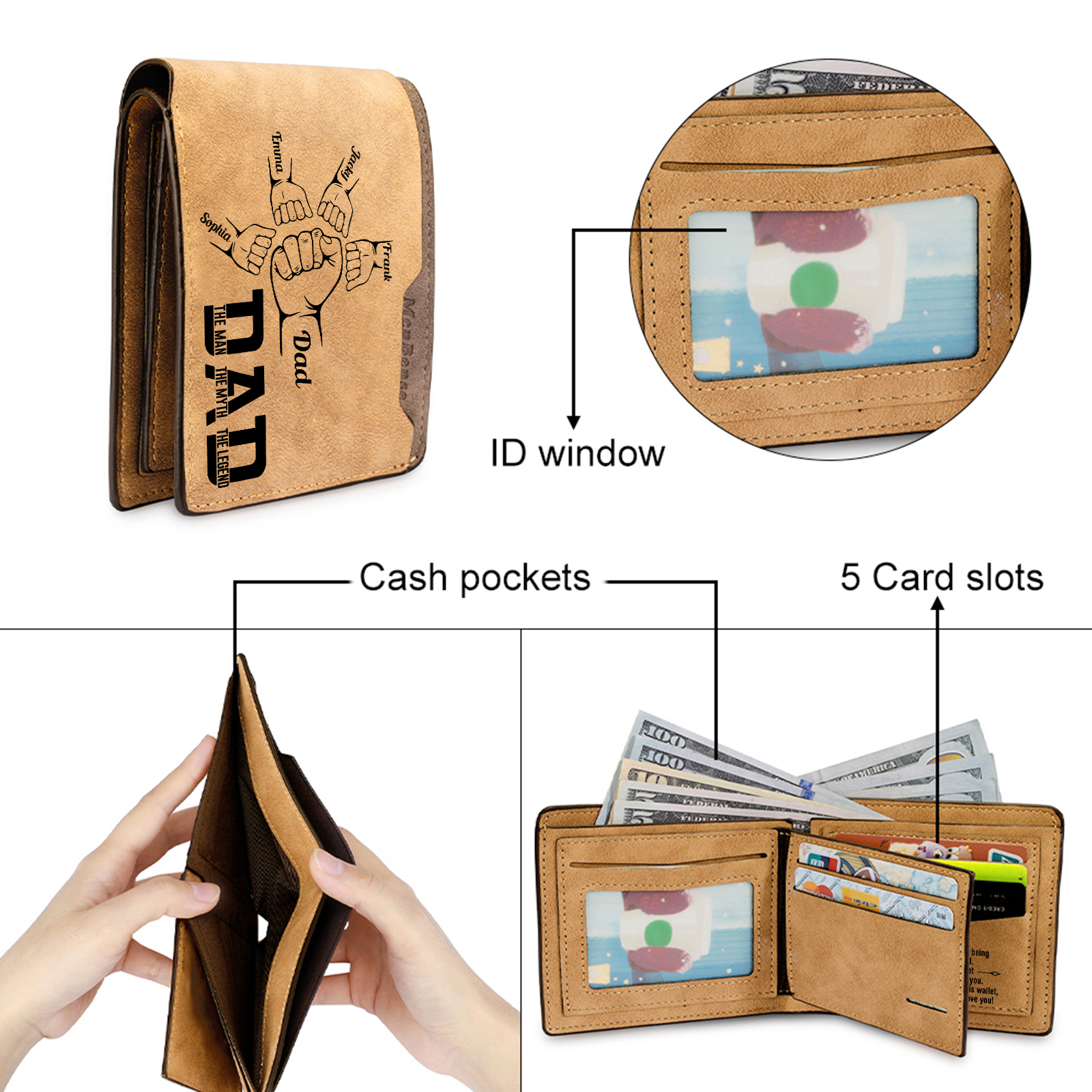 5 Names - Personalized Fist Bump Pattern Custom Name Leather Men's Wallet as a Father's Day Gift for Dad