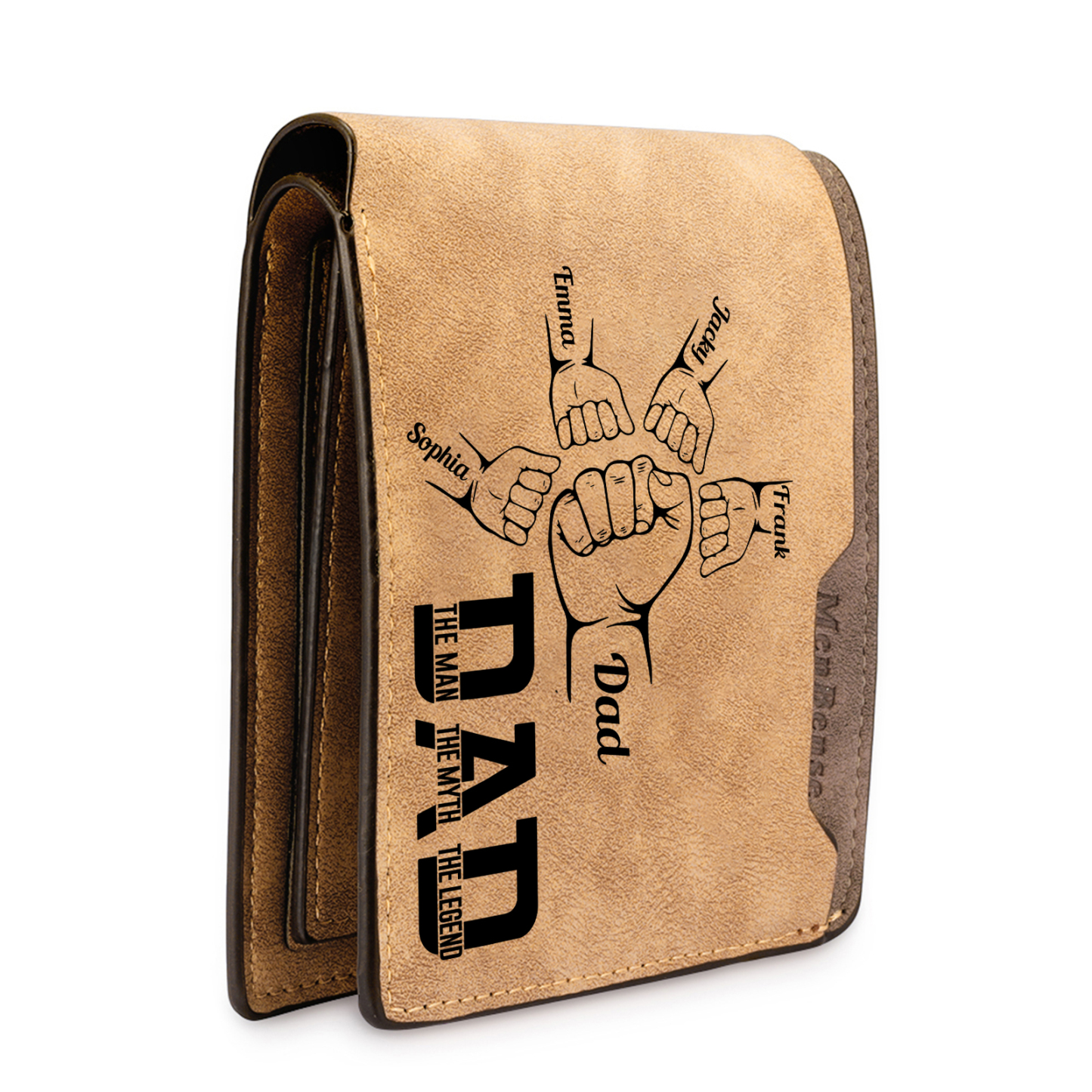 5 Names - Personalized Fist Bump Pattern Custom Name Leather Men's Wallet as a Father's Day Gift for Dad