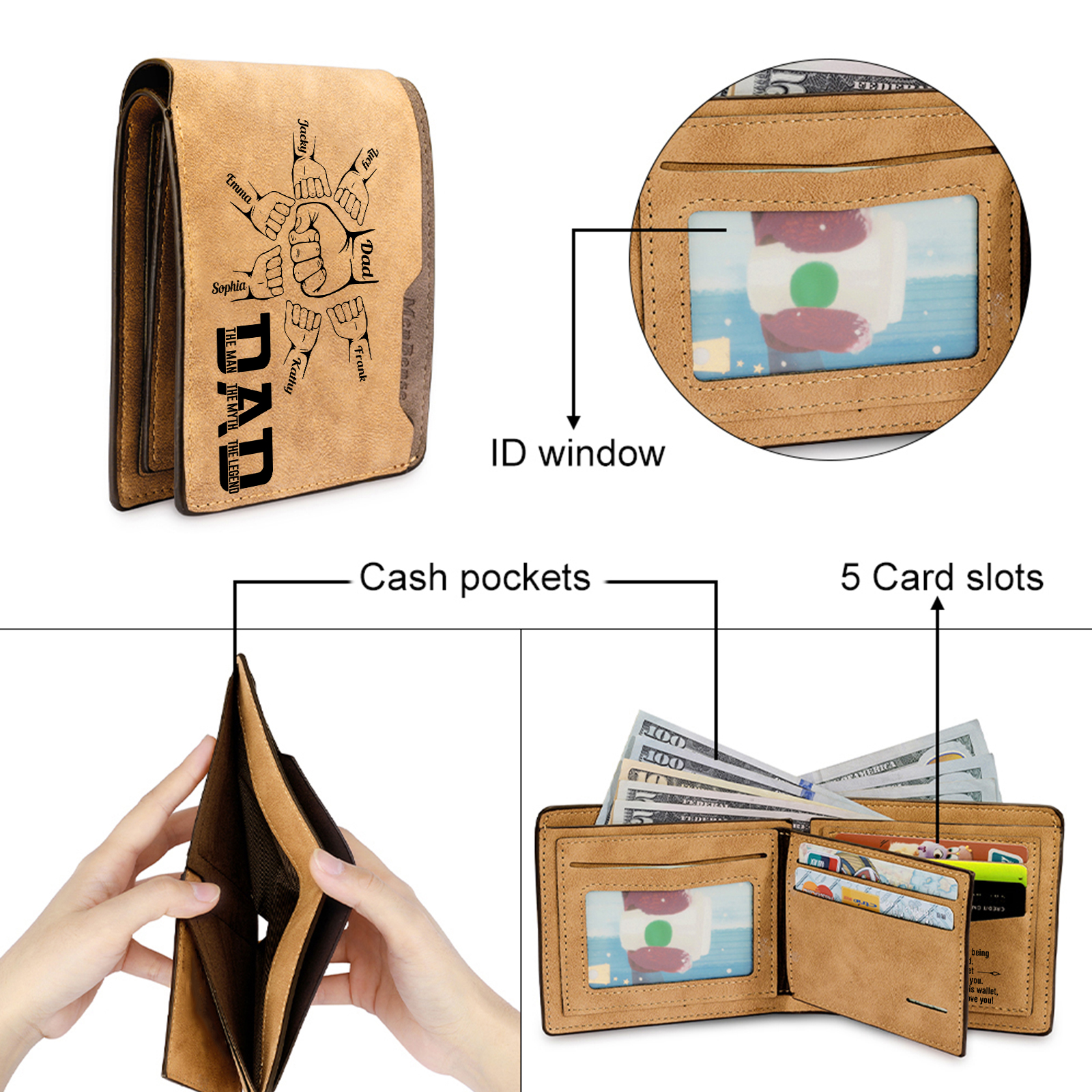 7 Names - Personalized Fist Bump Pattern Custom Name Leather Men's Wallet as a Father's Day Gift for Dad
