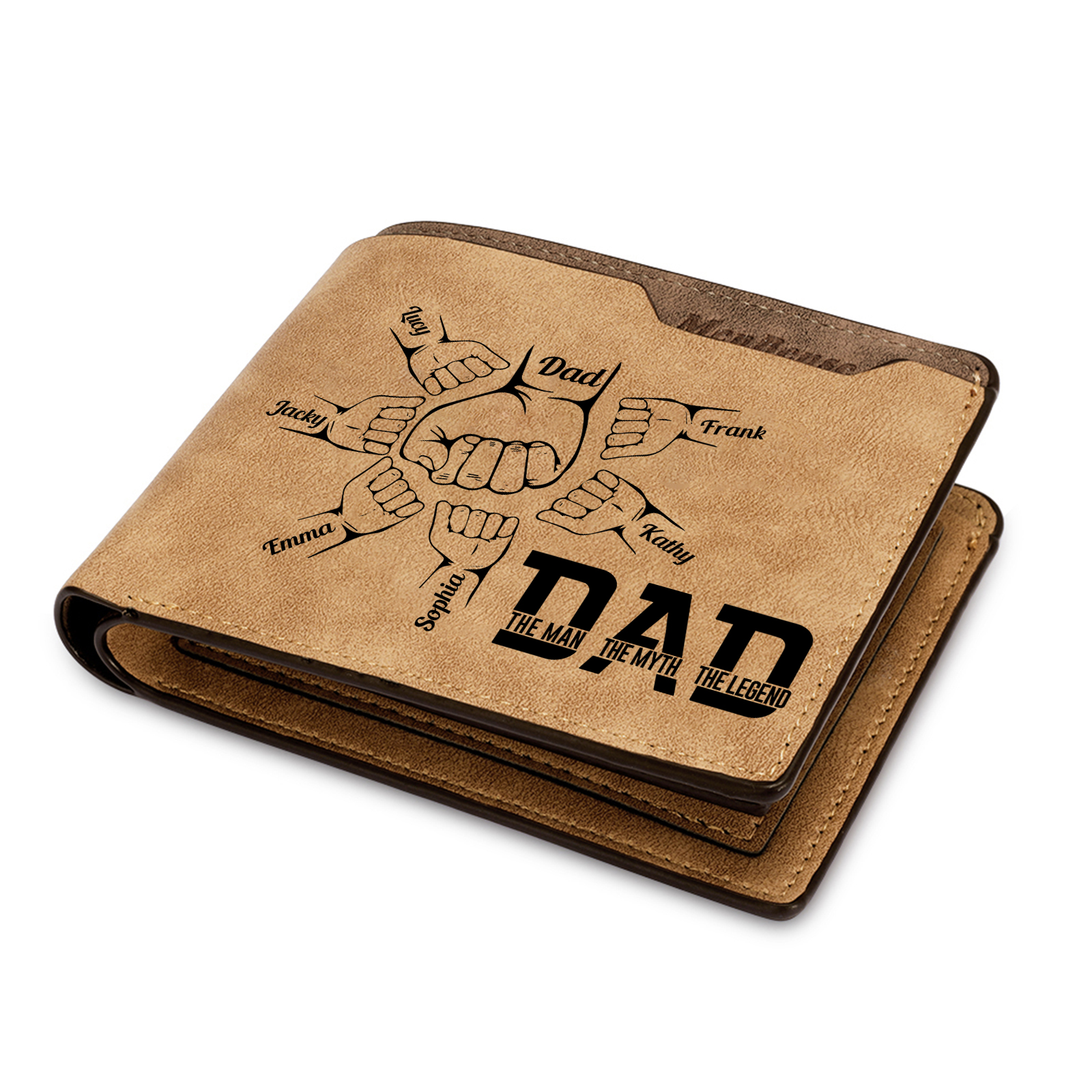 7 Names - Personalized Fist Bump Pattern Custom Name Leather Men's Wallet as a Father's Day Gift for Dad