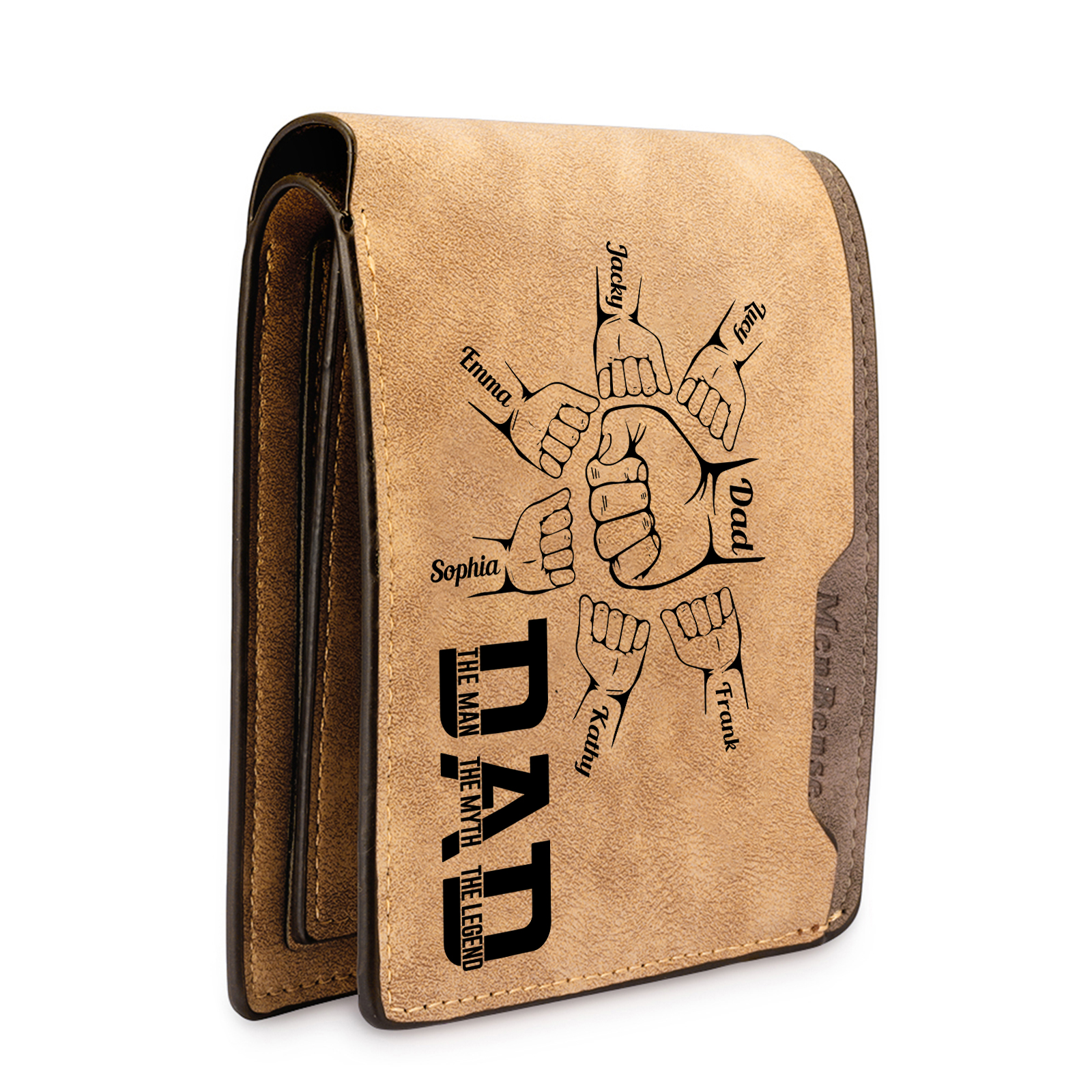 7 Names - Personalized Fist Bump Pattern Custom Name Leather Men's Wallet as a Father's Day Gift for Dad