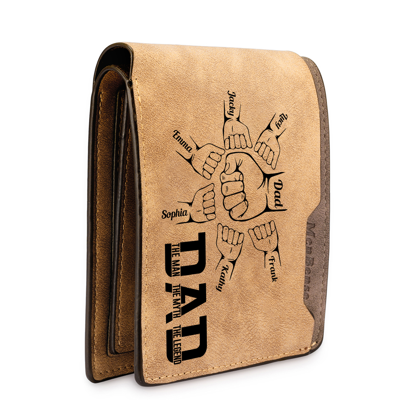 7 Names - Personalized Fist Bump Pattern Custom Name Leather Men's Wallet as a Father's Day Gift for Dad