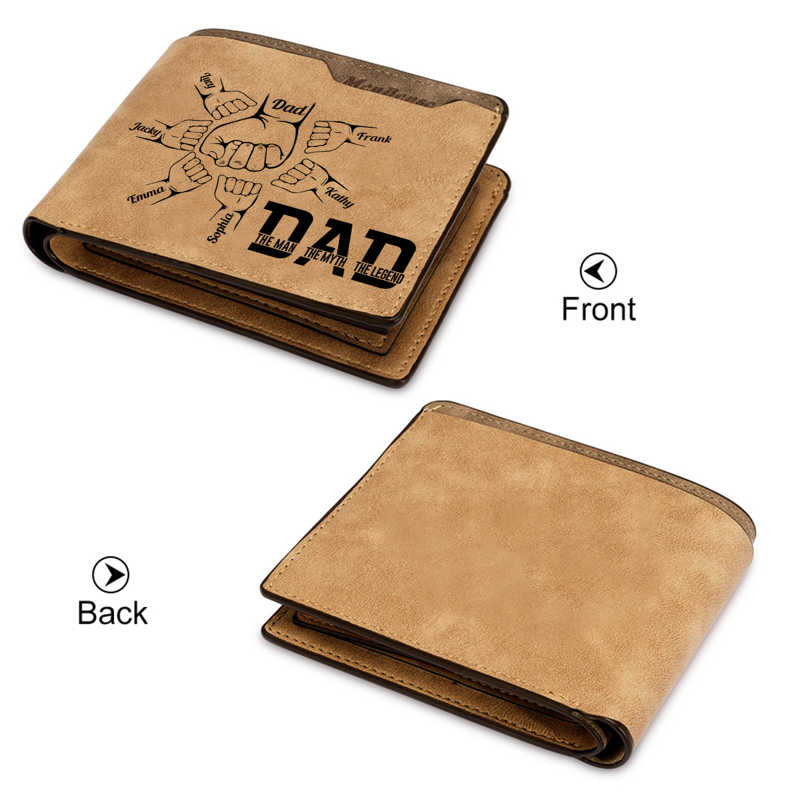 7 Names - Personalized Fist Bump Pattern Custom Name Leather Men's Wallet as a Father's Day Gift for Dad