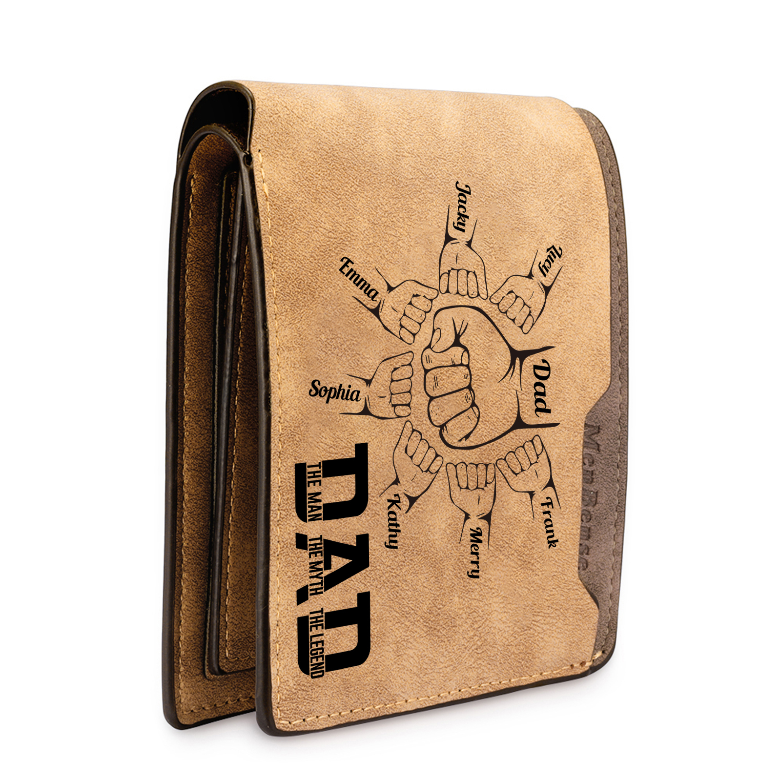 8 Names - Personalized Fist Bump Pattern Custom Name Leather Men's Wallet as a Father's Day Gift for Dad