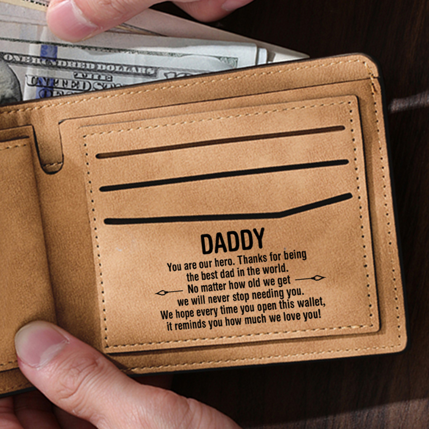 4 Names - Personalized Fist Bump Pattern Custom Name Leather Men's Wallet as a Father's Day Gift for Dad