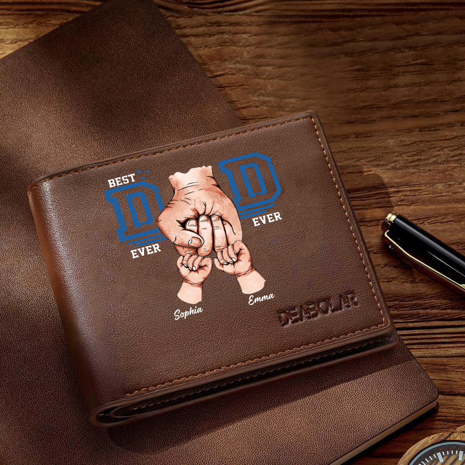 Custom Engraved Dad Wallet – 2 Names & 1 Photo Personalized Leather Wallet for Father's Day | Lorajewel