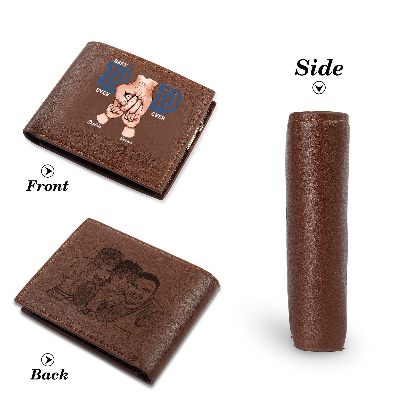 Custom Engraved Dad Wallet – 2 Names & 1 Photo Personalized Leather Wallet for Father's Day | Lorajewel