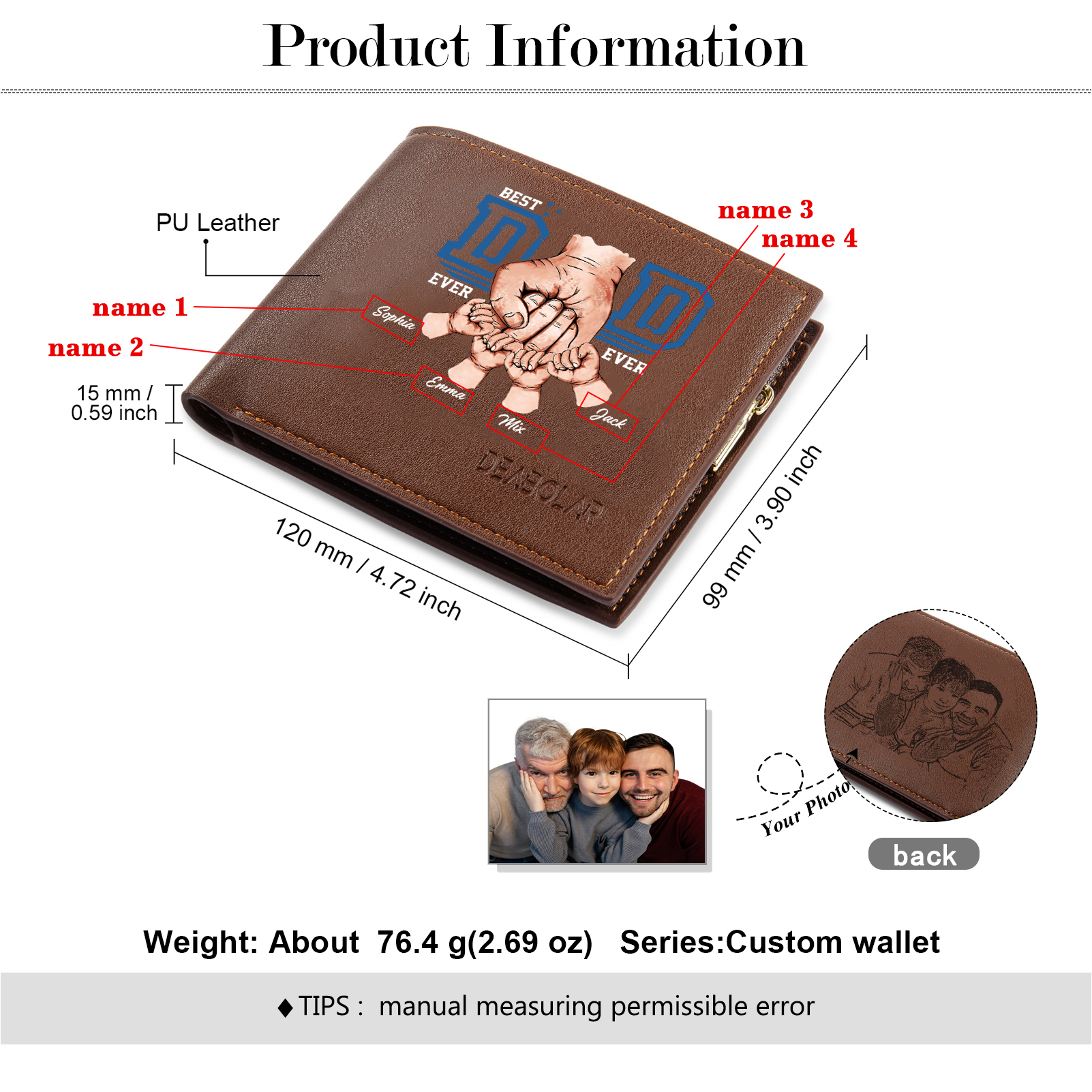 Custom Engraved Dad Wallet – 4 Names & 1 Photo Personalized Leather Wallet for Father's Day | Lorajewel