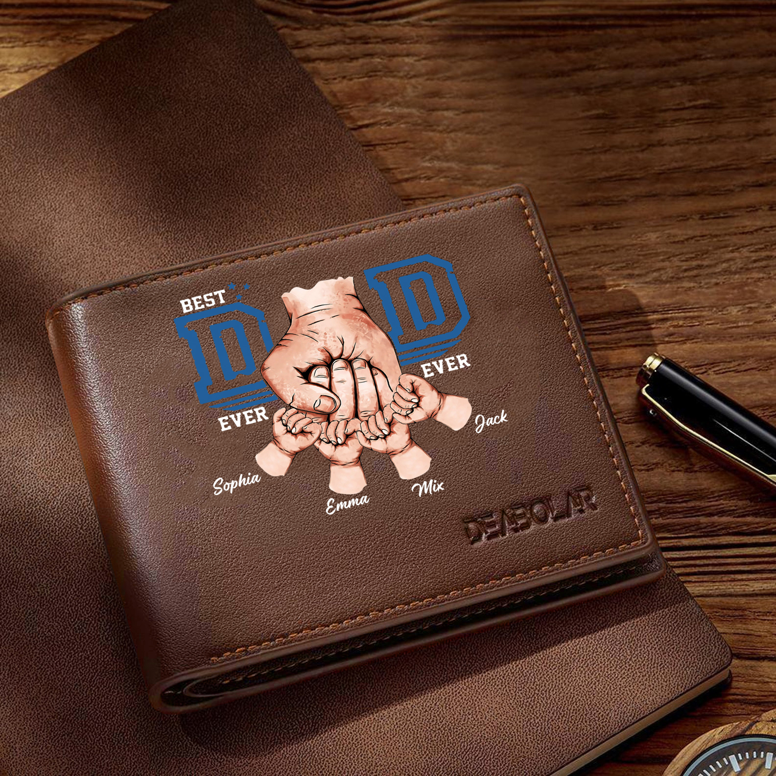Custom Engraved Dad Wallet – 4 Names & 1 Photo Personalized Leather Wallet for Father's Day | Lorajewel