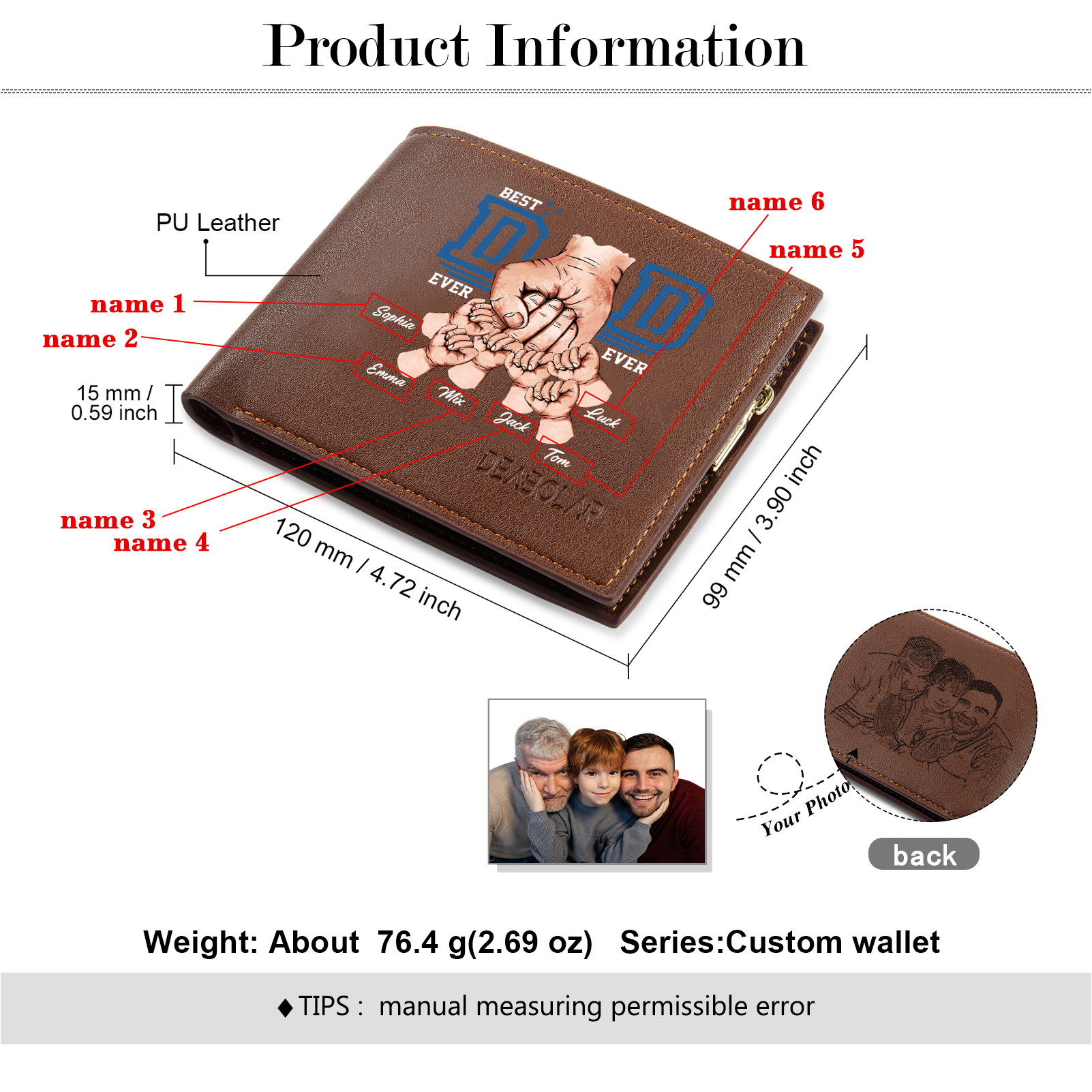 Custom Engraved Dad Wallet – 6 Names & 1 Photo Personalized Leather Wallet for Father's Day | Lorajewel