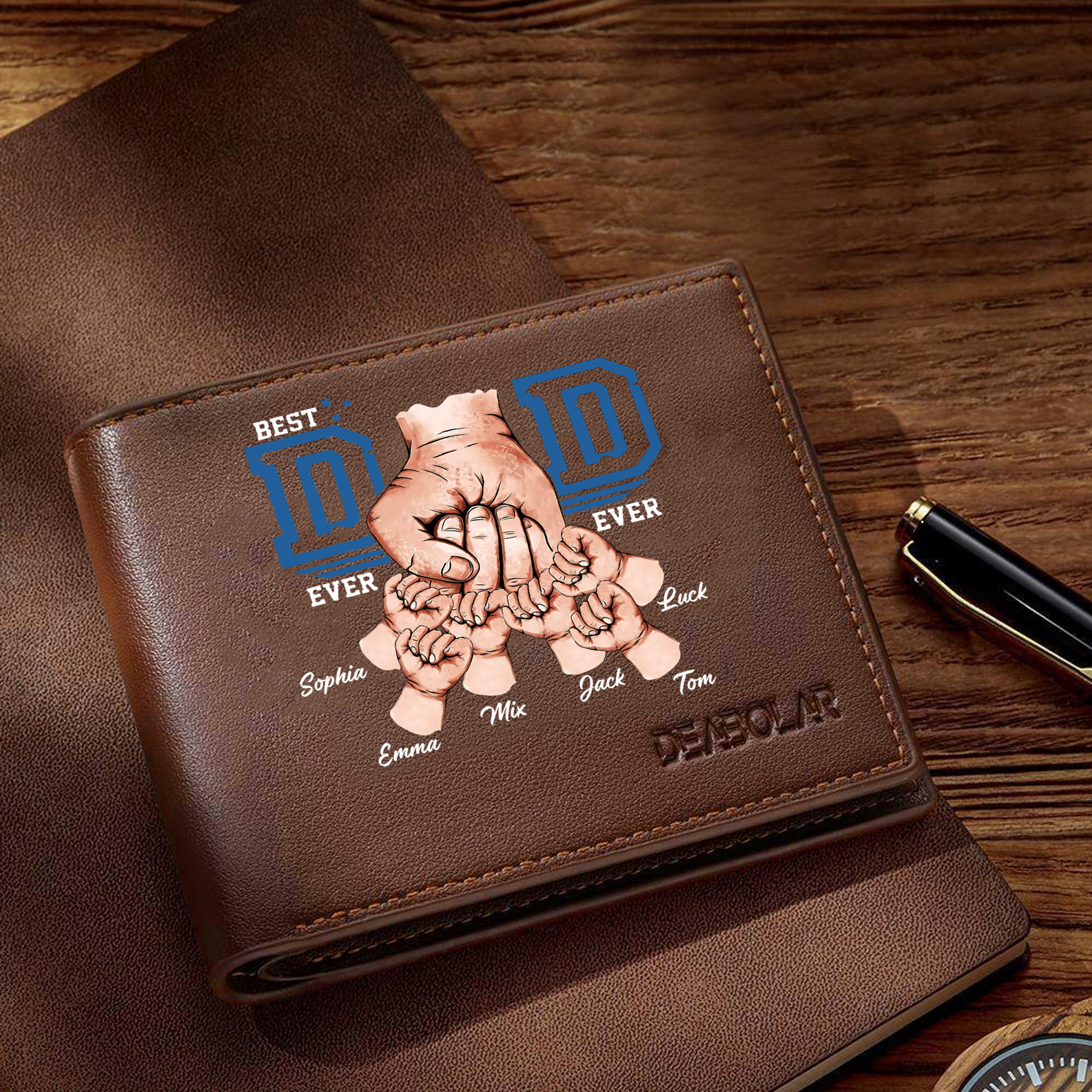 Custom Engraved Dad Wallet – 6 Names & 1 Photo Personalized Leather Wallet for Father's Day | Lorajewel