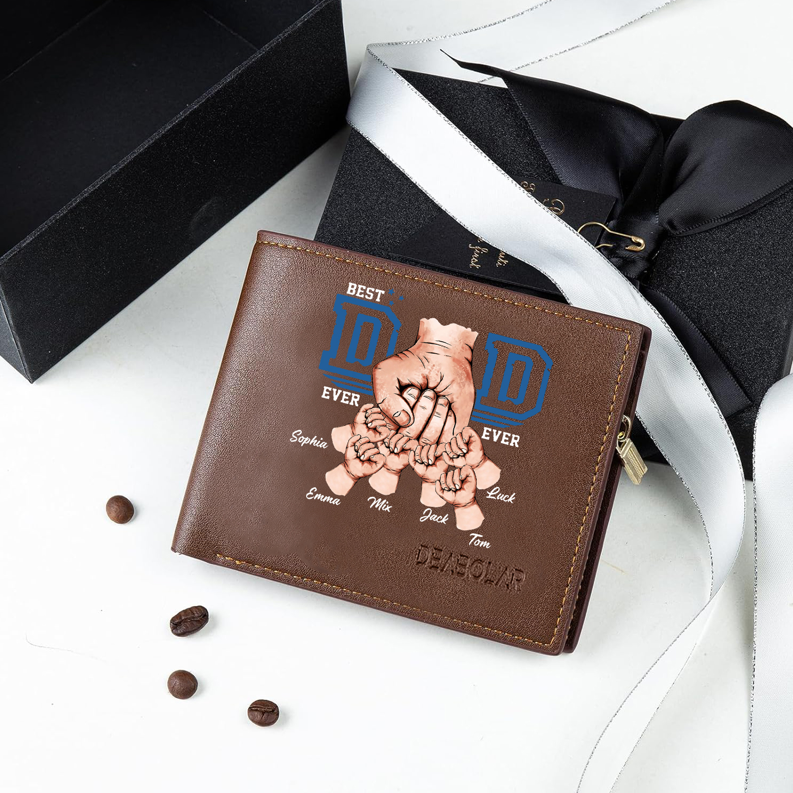 Custom Engraved Dad Wallet – 6 Names & 1 Photo Personalized Leather Wallet for Father's Day | Lorajewel