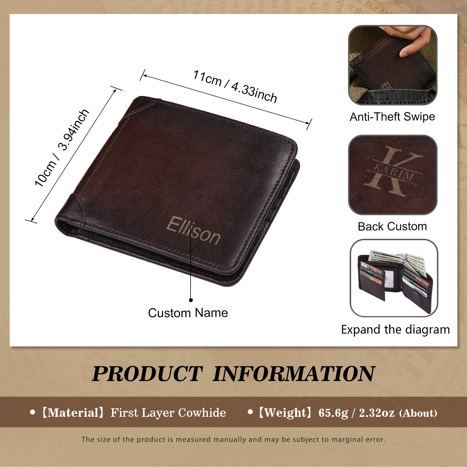 Personalized First  Layer Leather Men's Wallet - Custom Name and Letter Valentine's Day Gifts for Him | Jessemade