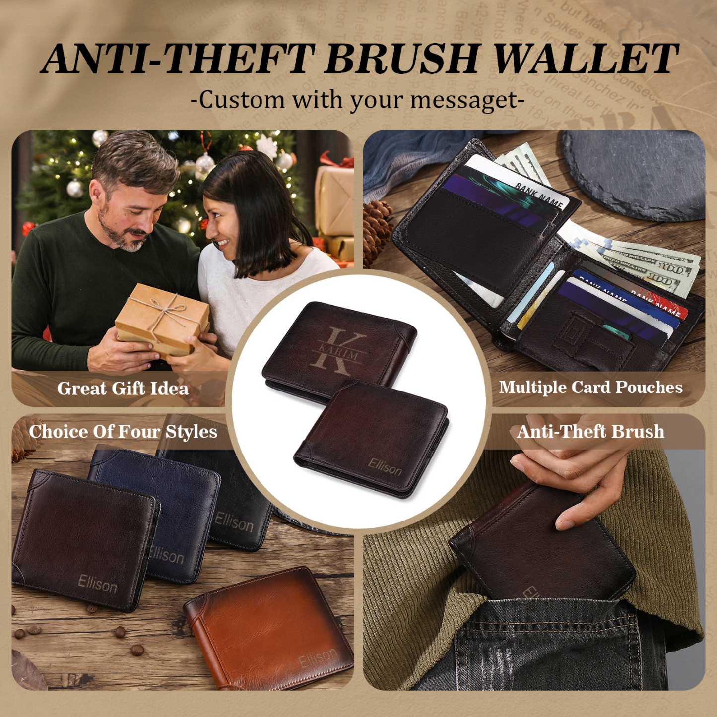 Personalized First  Layer Leather Men's Wallet - Custom Name and Letter Valentine's Day Gifts for Him | Jessemade