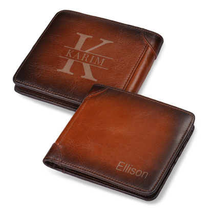 Personalized Top Grain Leather Men's Wallet with 2 Names & 1 Letter -