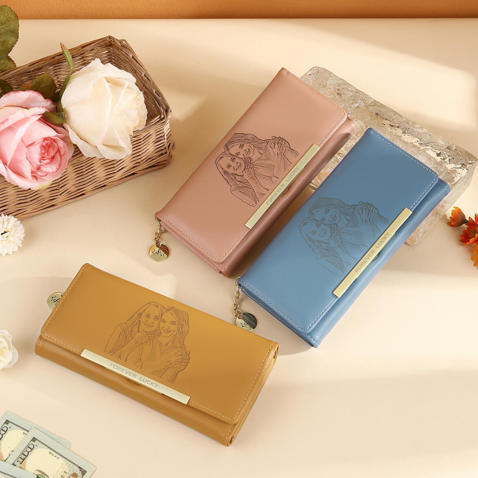 [Copy]Personalized Women's Leather Wallet Custom 1 Birth Flower & 1 Name Wallet Gift for Her