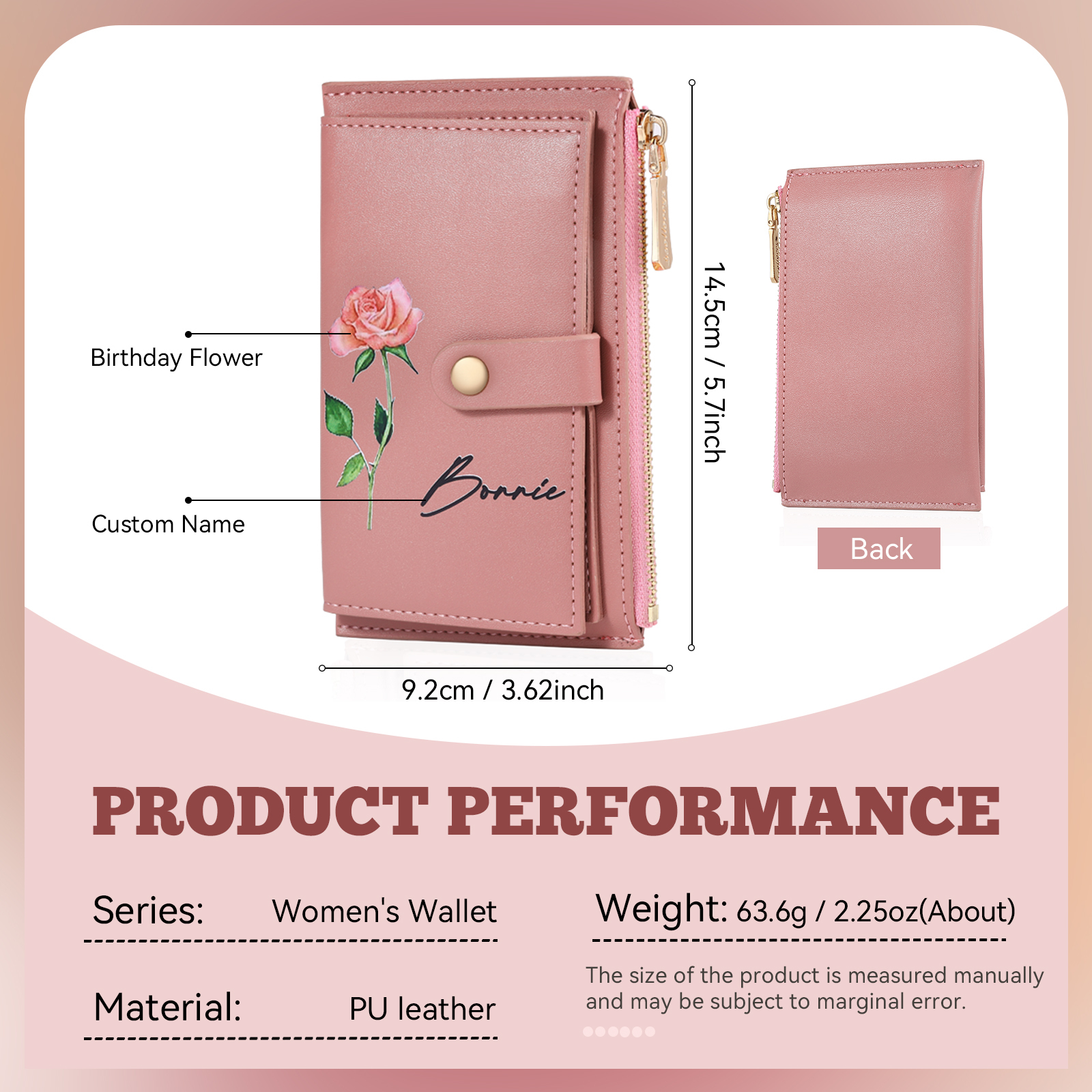 Personalised Women's Leather Wallet Custom Birthday Flower & Name Zipper Wallet Gift for Her