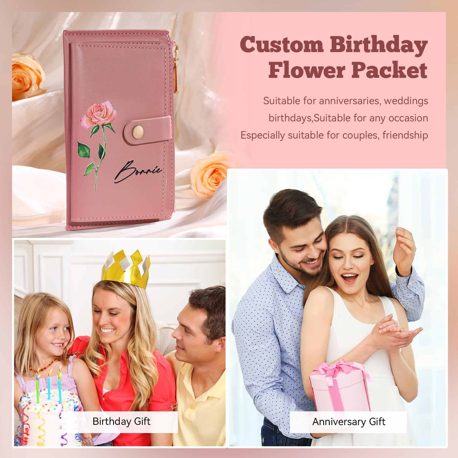Personalised Women's Leather Wallet Custom Birthday Flower & Name Zipper Wallet Gift for Her