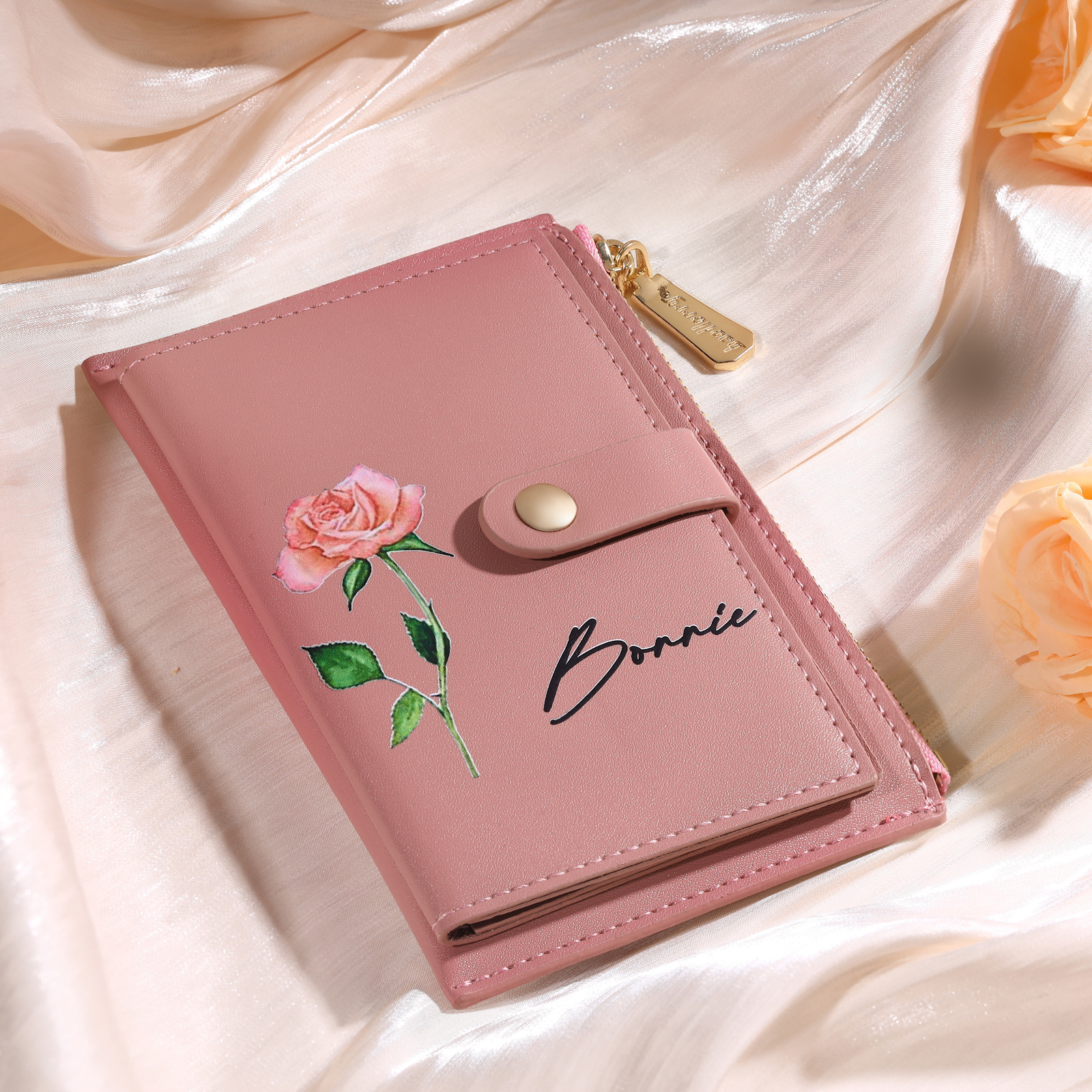 Personalised Women's Leather Wallet Custom Birthday Flower & Name Zipper Wallet Gift for Her