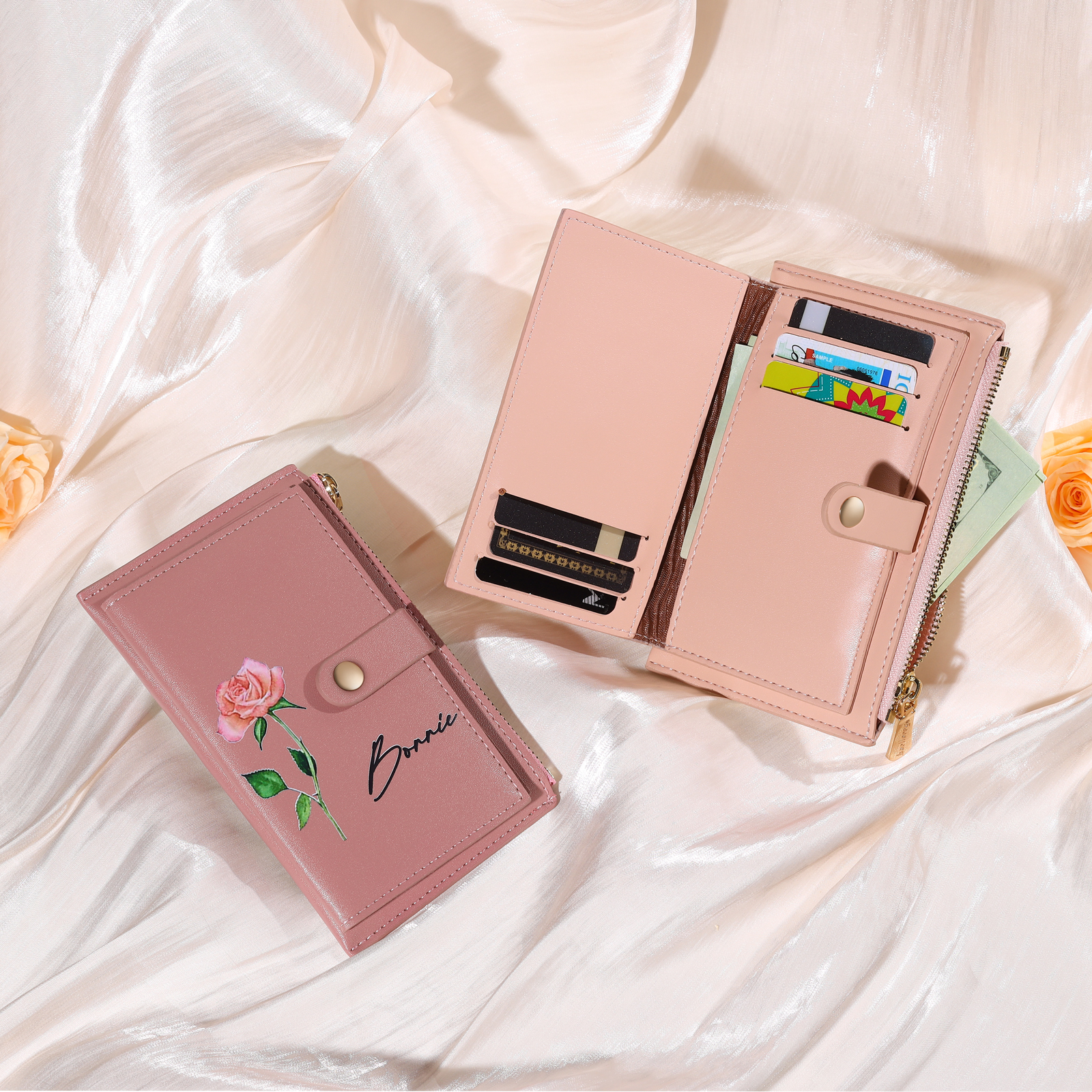 Personalised Women's Leather Wallet Custom Birthday Flower & Name Zipper Wallet Gift for Her