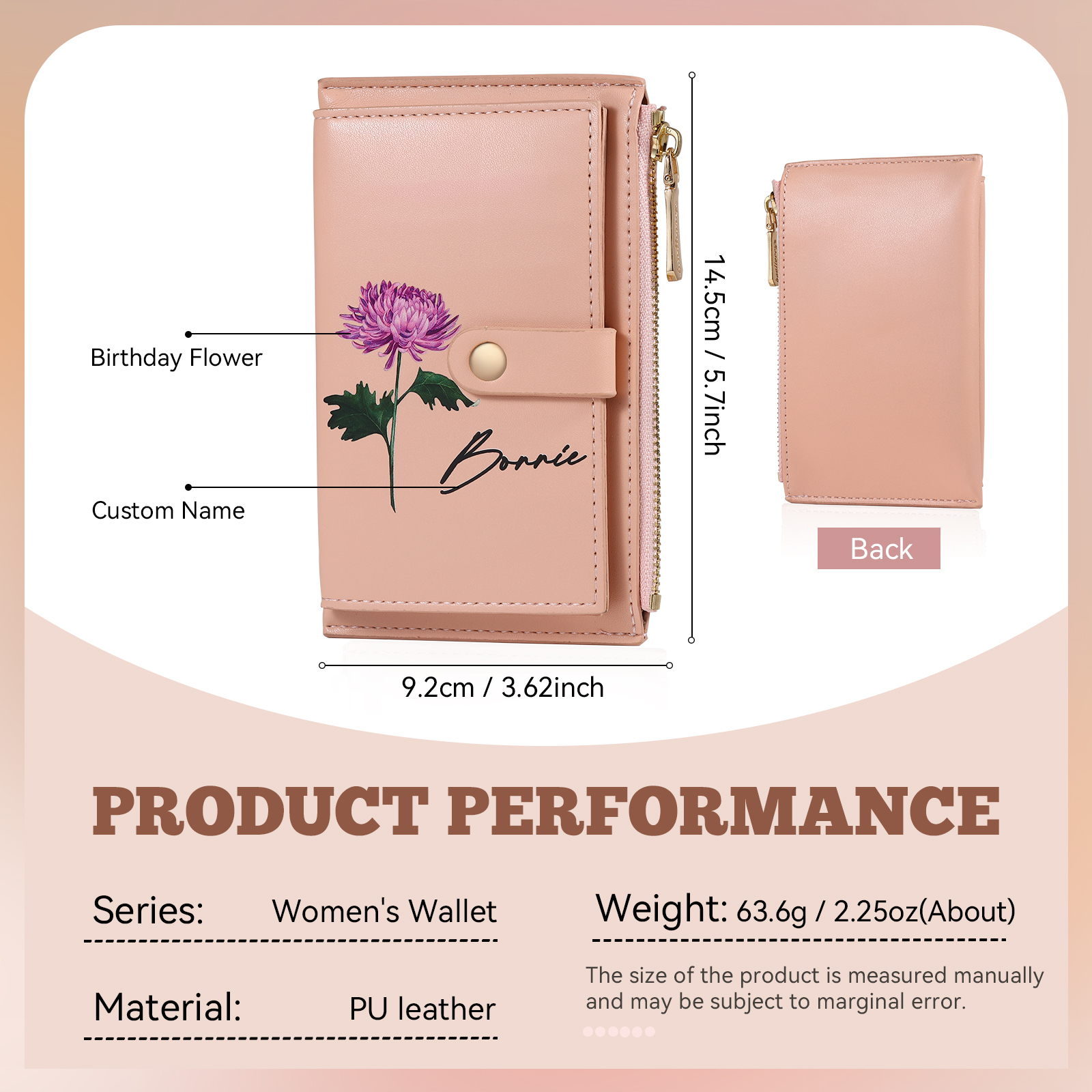 Personalised Women's Leather Wallet Custom Birthday Flower & Name Zipper Wallet Gift for Her