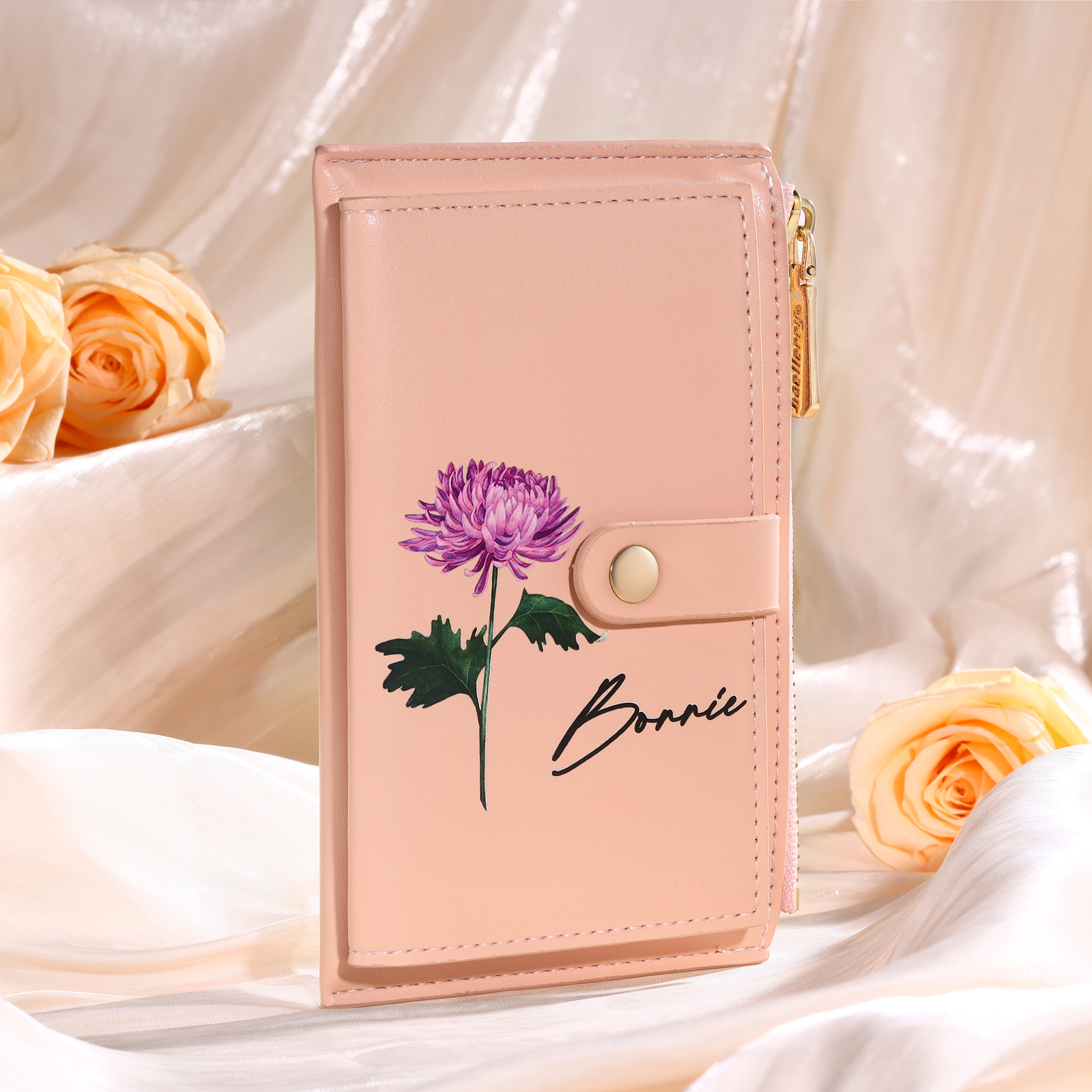 Personalised Women's Leather Wallet Custom Birthday Flower & Name Zipper Wallet Gift for Her