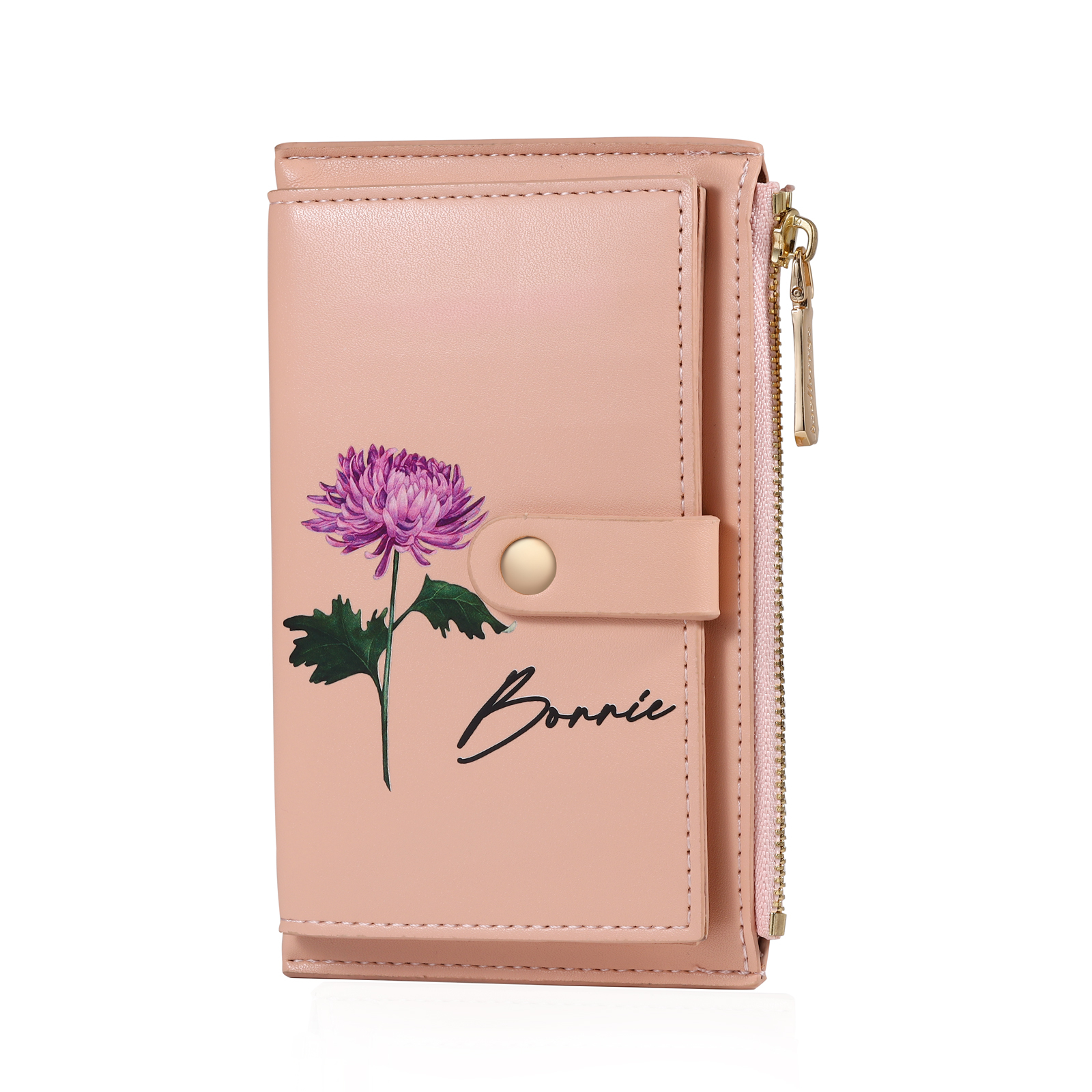 Personalised Women's Leather Wallet Custom Birthday Flower & Name Zipper Wallet Gift for Her