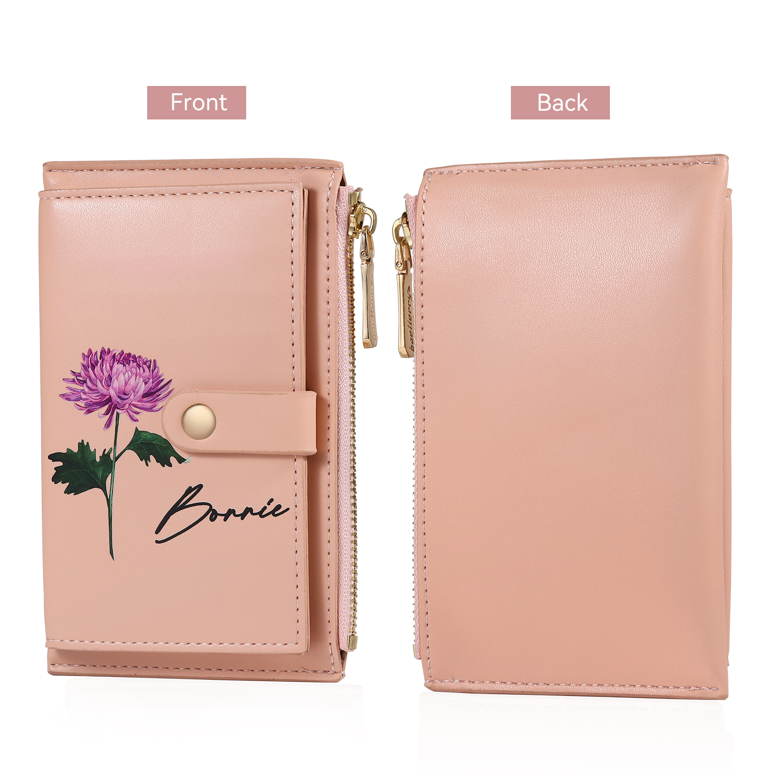 Personalised Women's Leather Wallet Custom Birthday Flower & Name Zipper Wallet Gift for Her