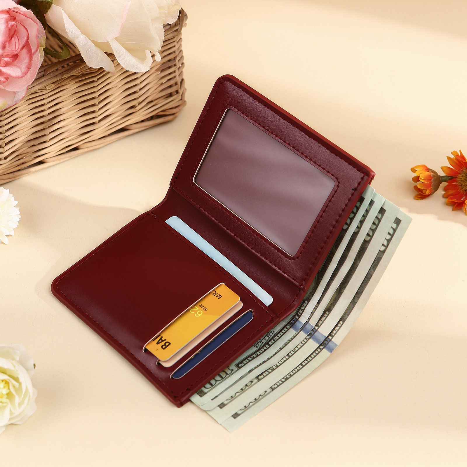 Personalised Women's Leather Wallet Custom Birthday Flower & Name Billfold Wallet Gift for Her