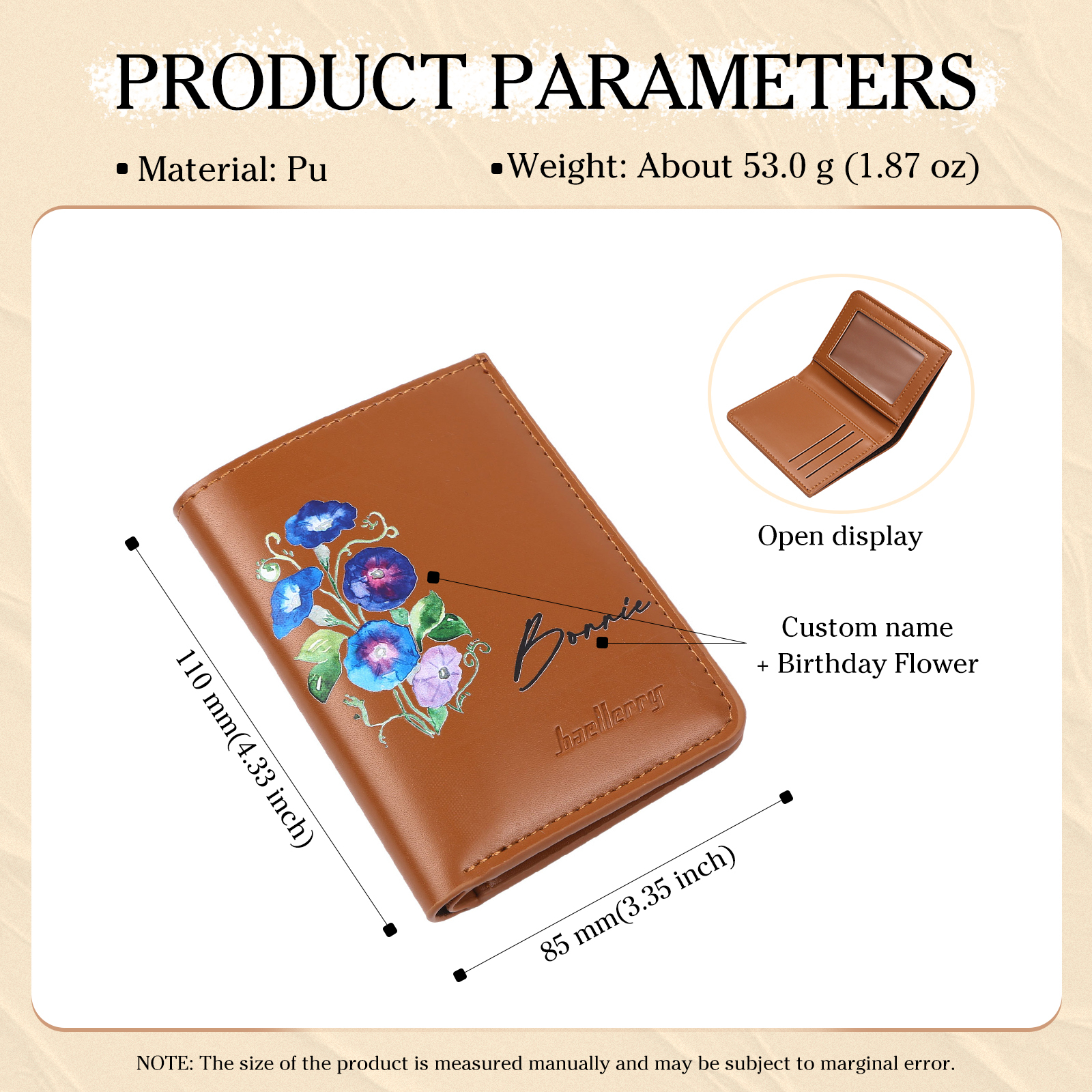 Personalised Women's Leather Wallet Custom Birthday Flower & Name Billfold Wallet Gift for Her