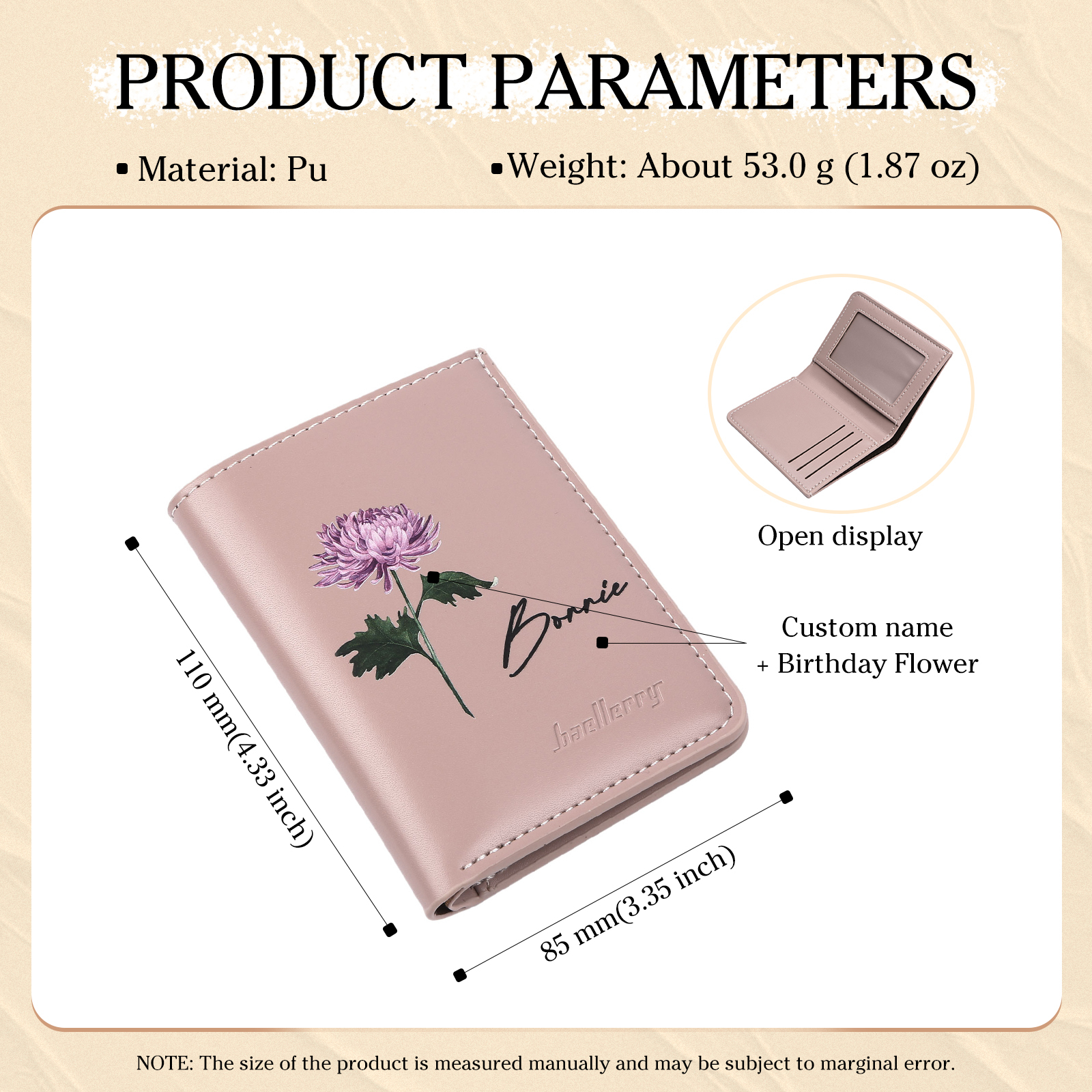 Personalised Women's Leather Wallet Custom Birthday Flower & Name Billfold Wallet Gift for Her