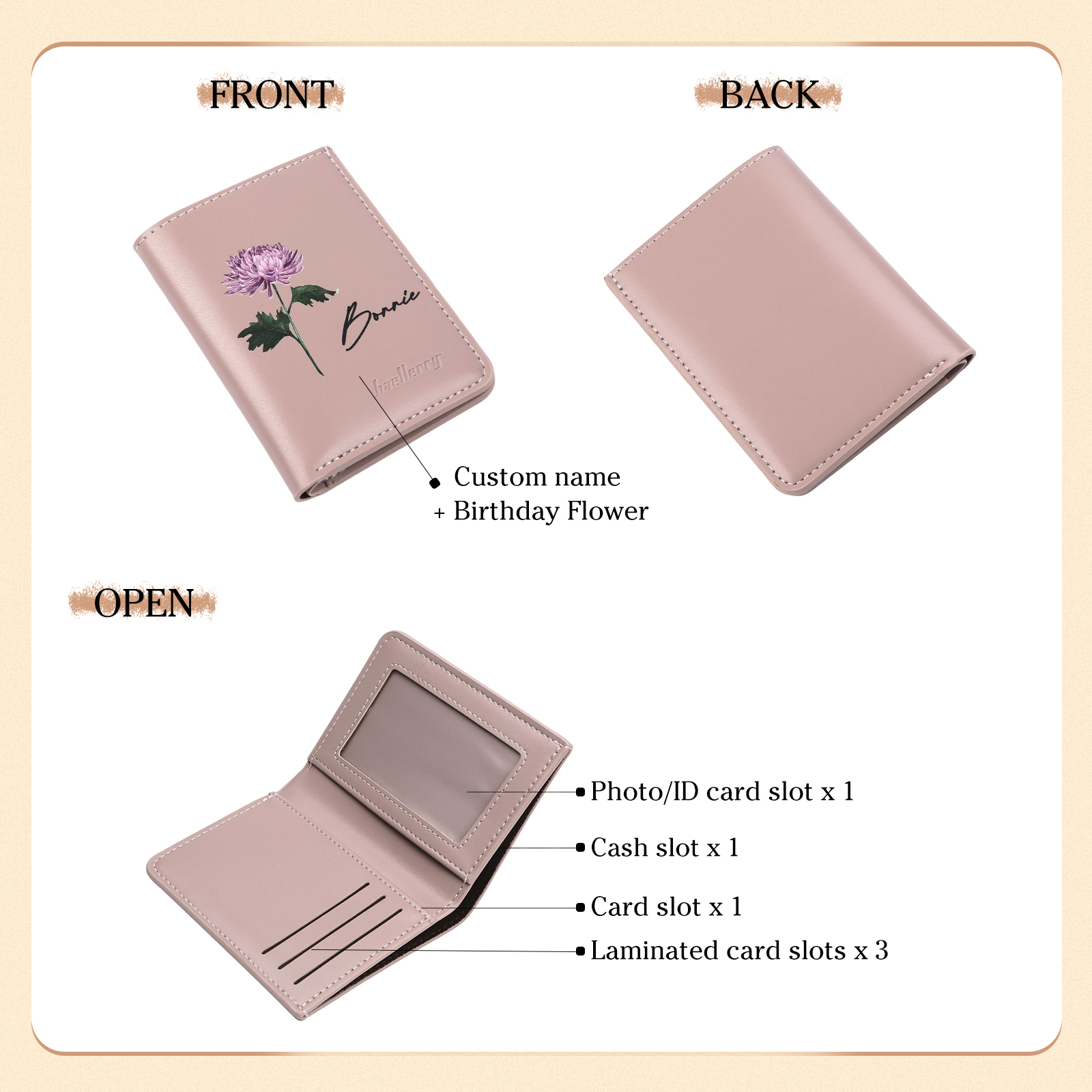 Personalised Women's Leather Wallet Custom Birthday Flower & Name Billfold Wallet Gift for Her