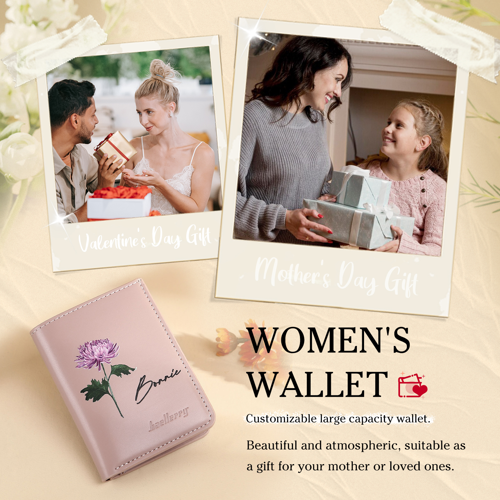 Personalised Women's Leather Wallet Custom Birthday Flower & Name Billfold Wallet Gift for Her