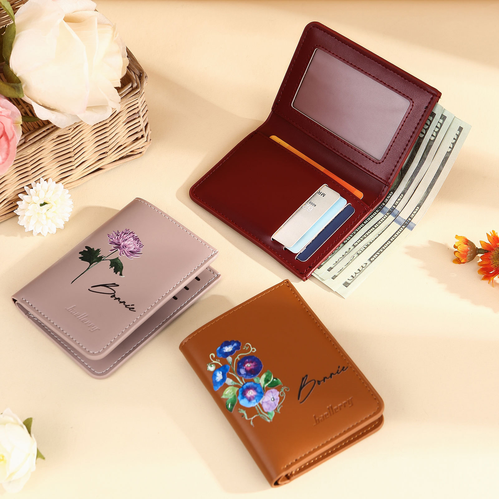 Personalised Women's Leather Wallet Custom Birthday Flower & Name Billfold Wallet Gift for Her