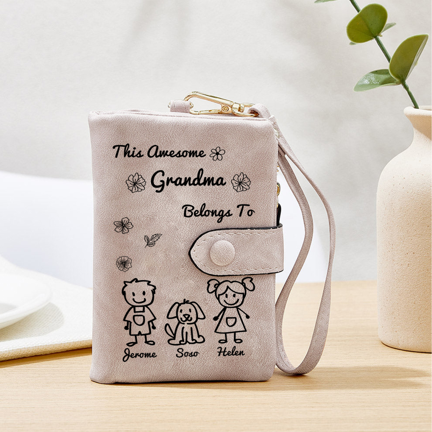 Personalized Women Wallet Custom 1–6 Names Leather Wallet Pink Gift for Her "This Awesome Grandma Belongs To"