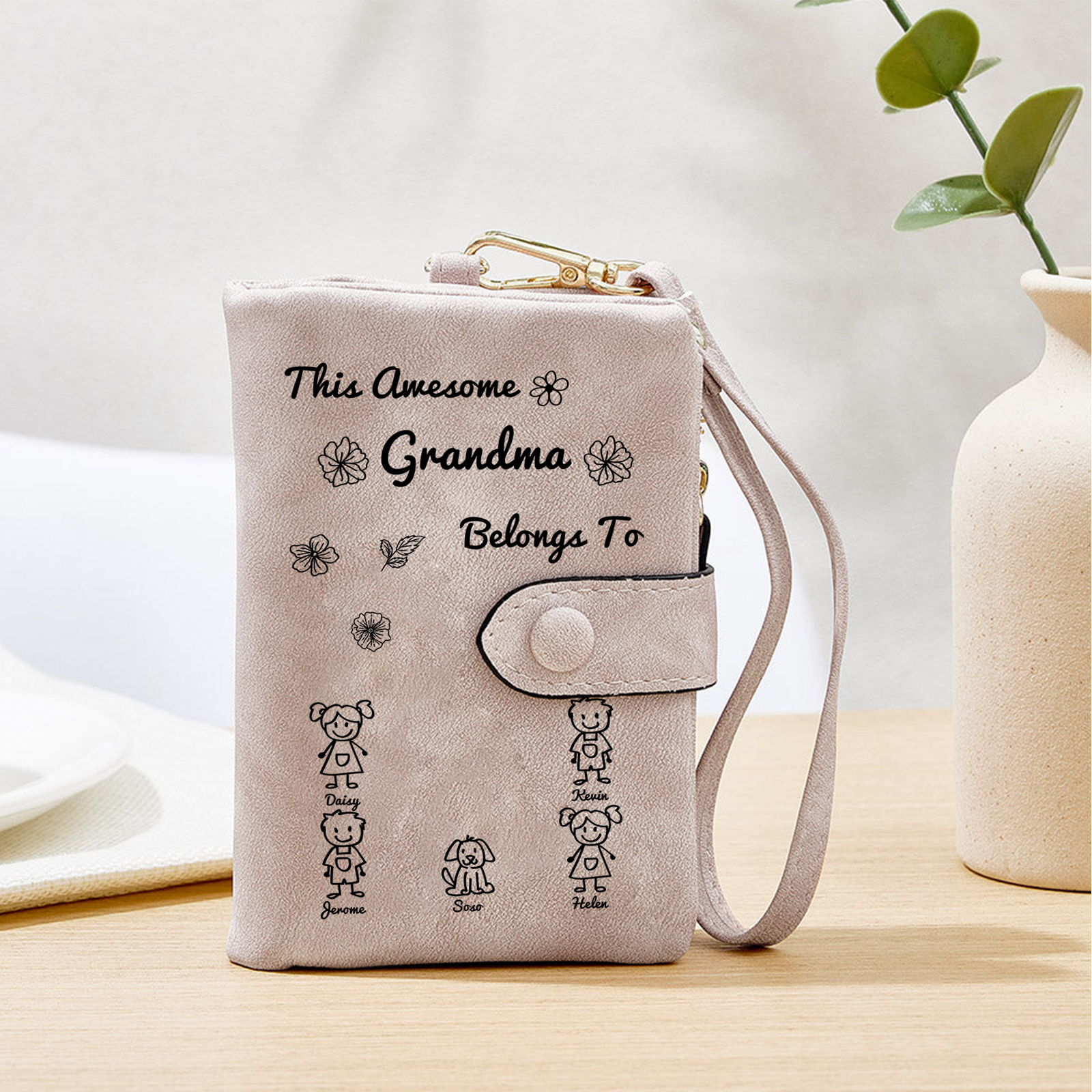 Personalized Women Wallet Custom 1–6 Names Leather Wallet Pink Gift for Her "This Awesome Grandma Belongs To"