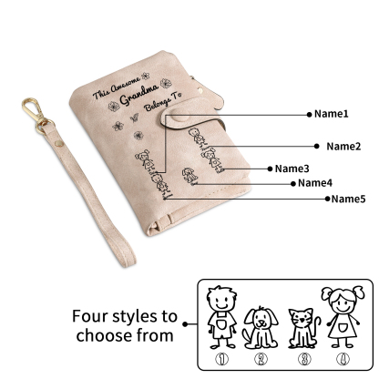 Personalized Women Wallet Custom 1–6 Names Leather Wallet Pink Gift for Her "This Awesome Grandma Belongs To"