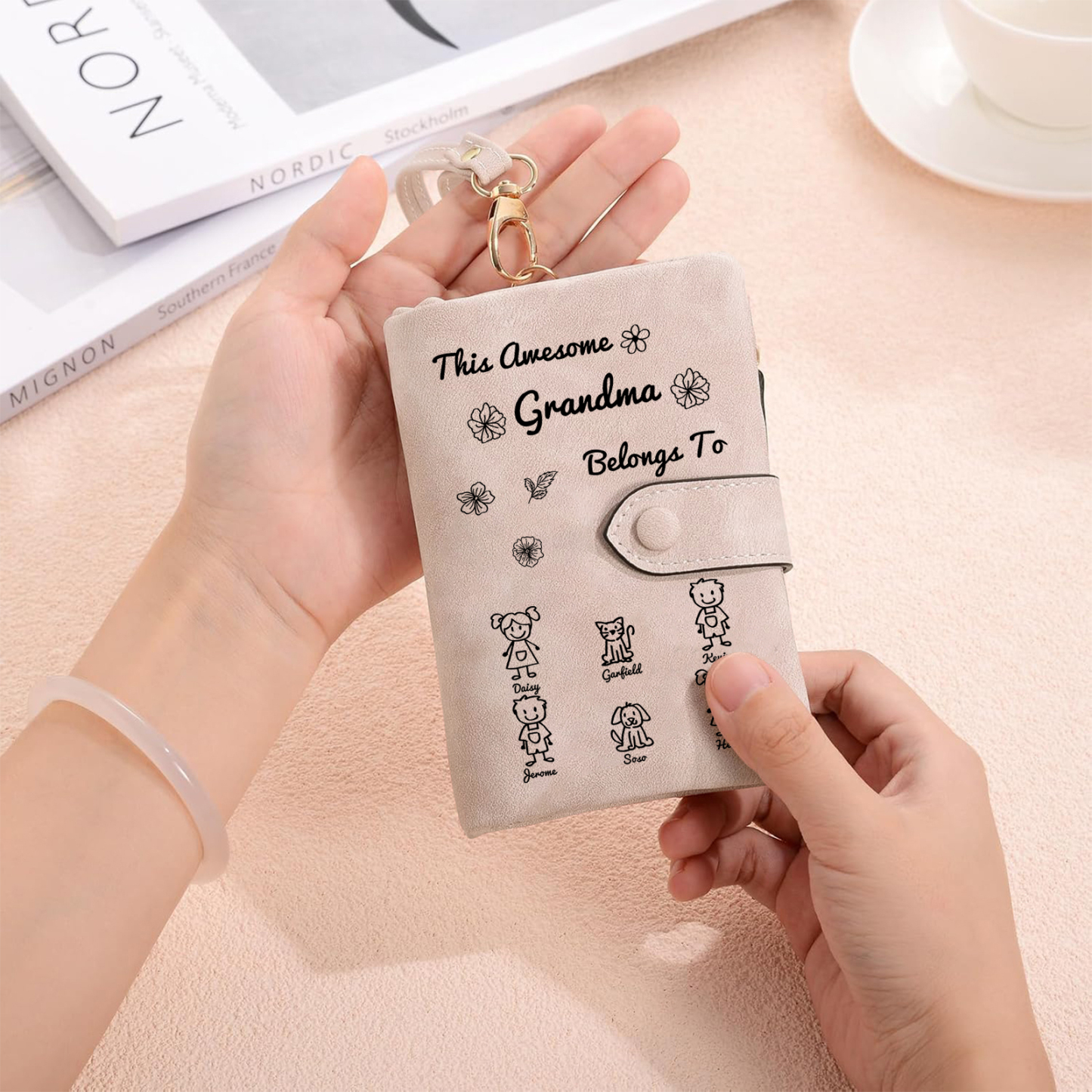 Personalized Women Wallet Custom 1–6 Names Leather Wallet Pink Gift for Her "This Awesome Grandma Belongs To"