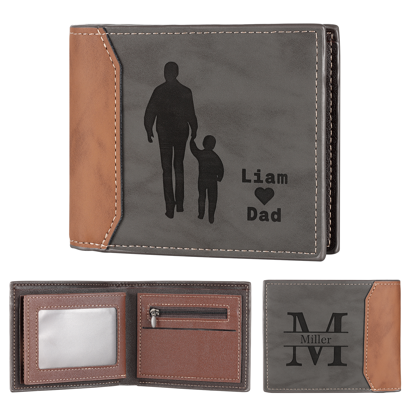 3 Names & 1 Letter Personalized PU Leather Wallet for Dad – Custom Name Family Gift with Silhouette Design | Lorajewel