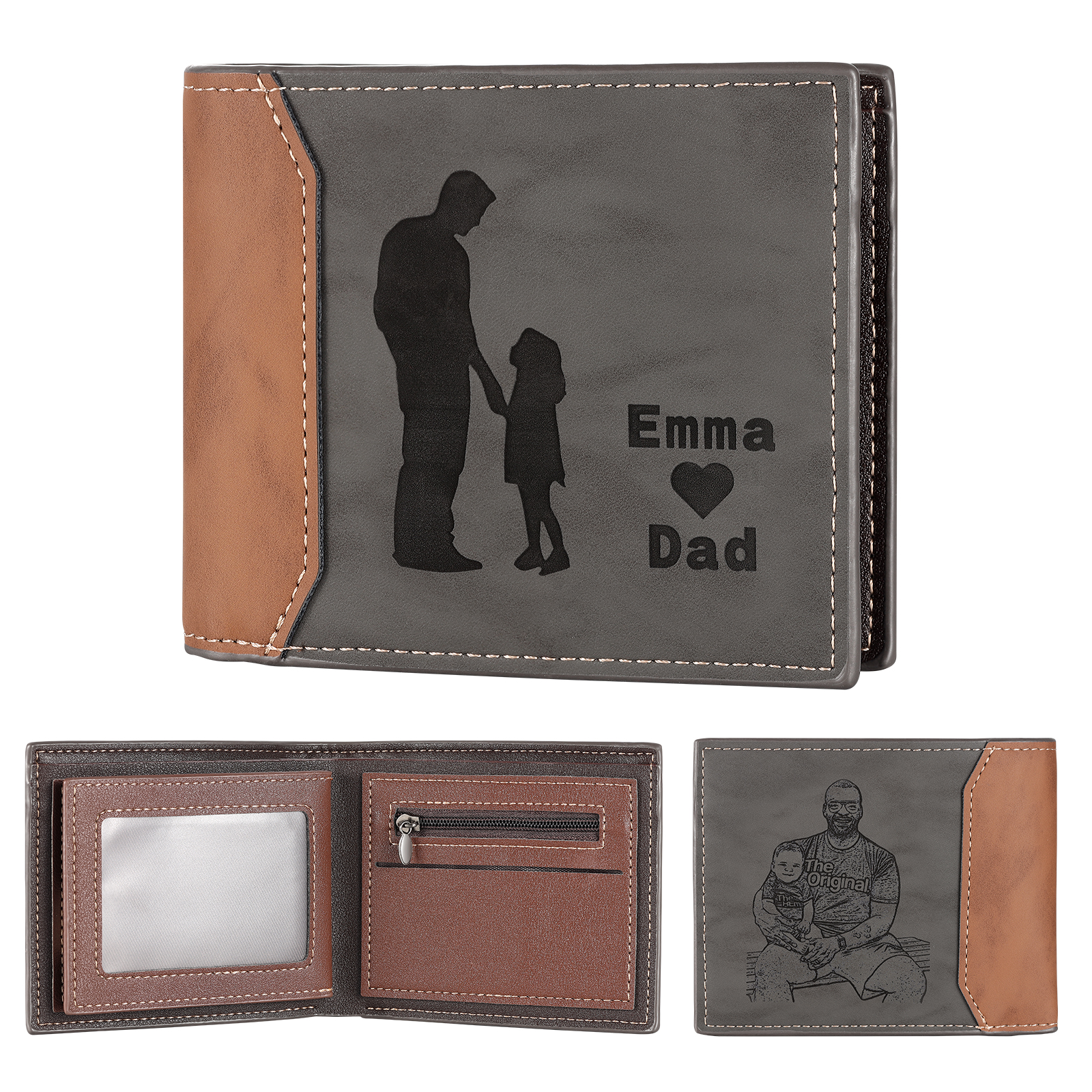 2 Names & 1 Photo Personalized PU Leather Wallet for Dad – Custom Name Family Gift with Silhouette Design | Lorajewel