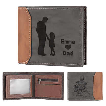 2 Names & 1 Photo Personalized PU Leather Wallet for Dad – Custom Name Family Gift with Silhouette Design | Lorajewel