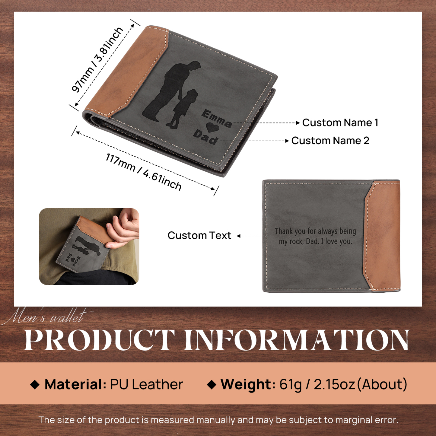2 Names & 1 Text Personalized PU Leather Wallet for Dad – Custom Name Family Gift with Silhouette Design | Lorajewel