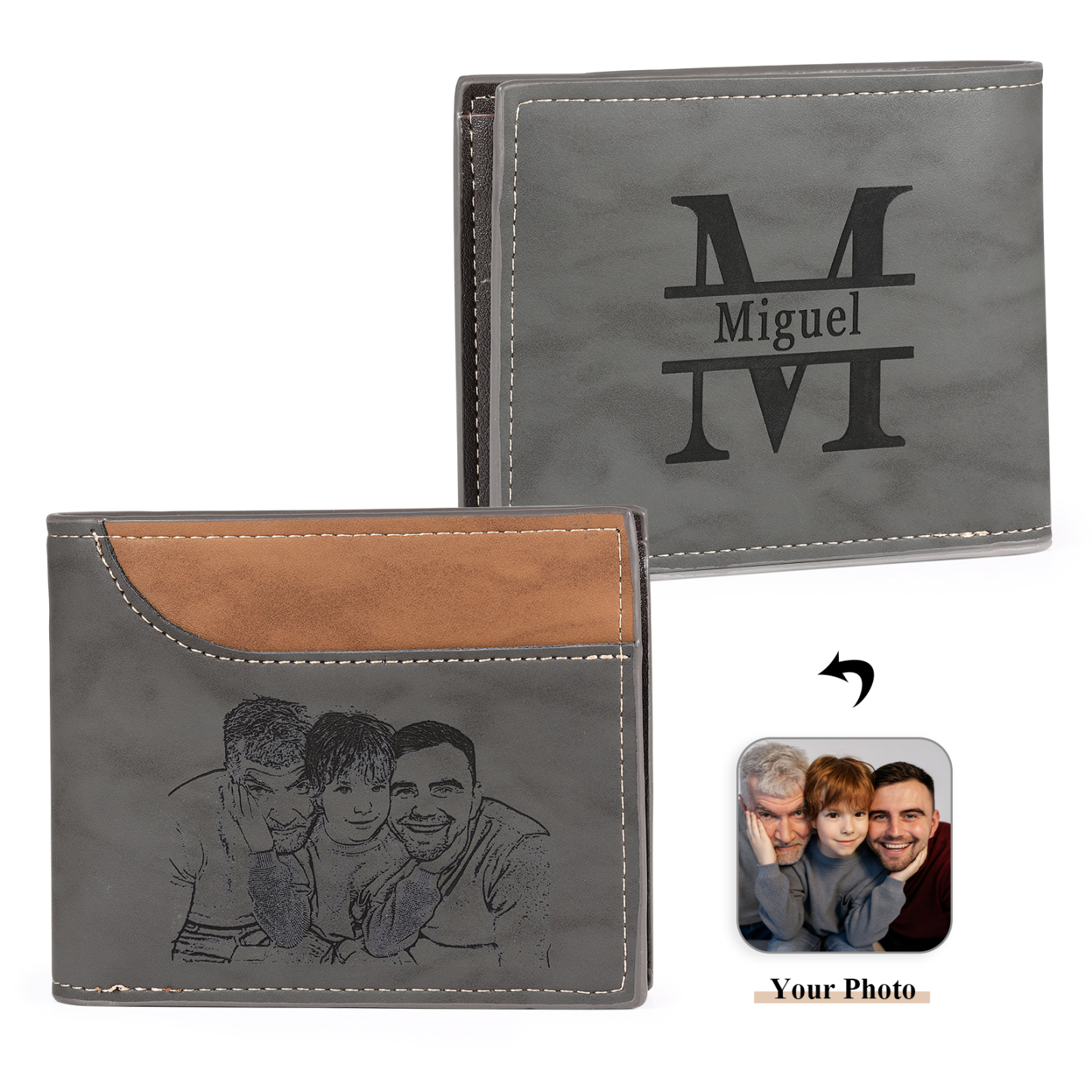 Men Photo Wallet Personalized Letter & Name Wallet Gray Gift for Him