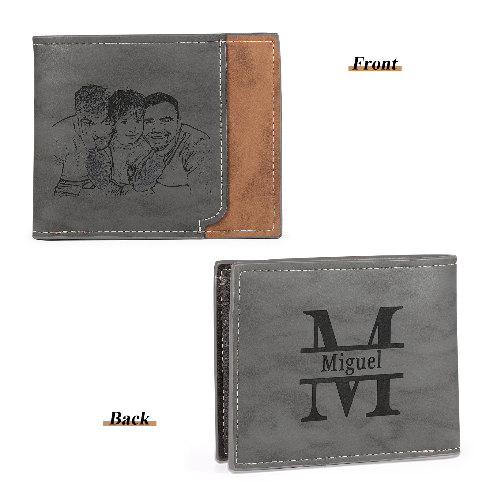 Men Photo Wallet Personalized Letter & Name Wallet Gray Christmas Gift for Him