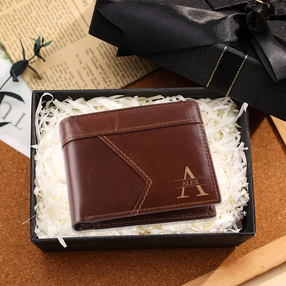 Personalized Leather Wallet Custom Name and Letter Gift for Him