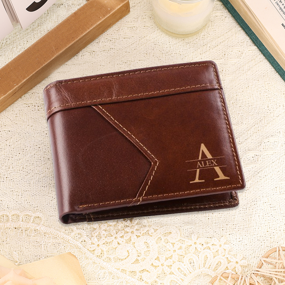 Personalized Leather Wallet Custom Name and Letter Gift for Him
