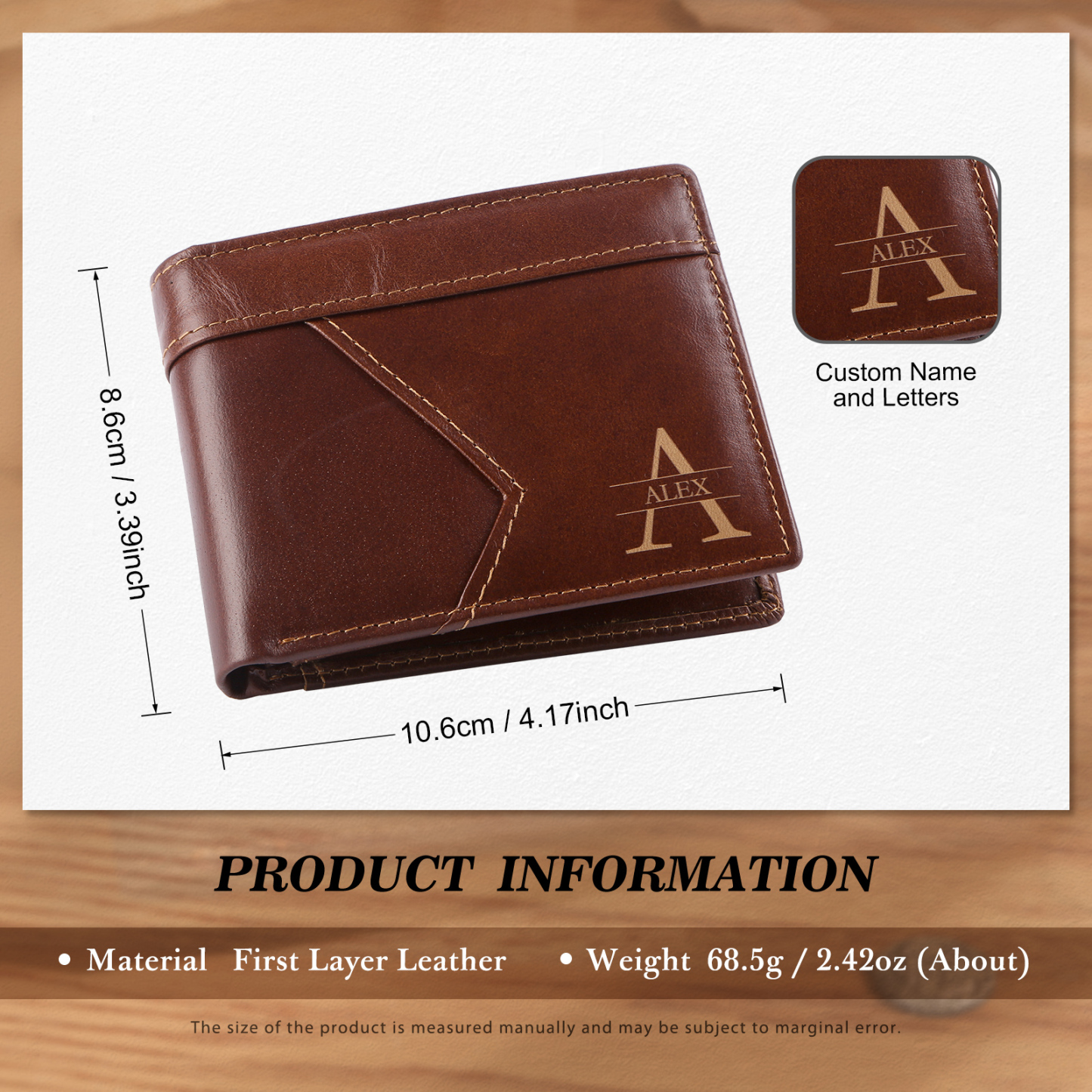 Personalized Leather Wallet Custom Name and Letter Gift for Him