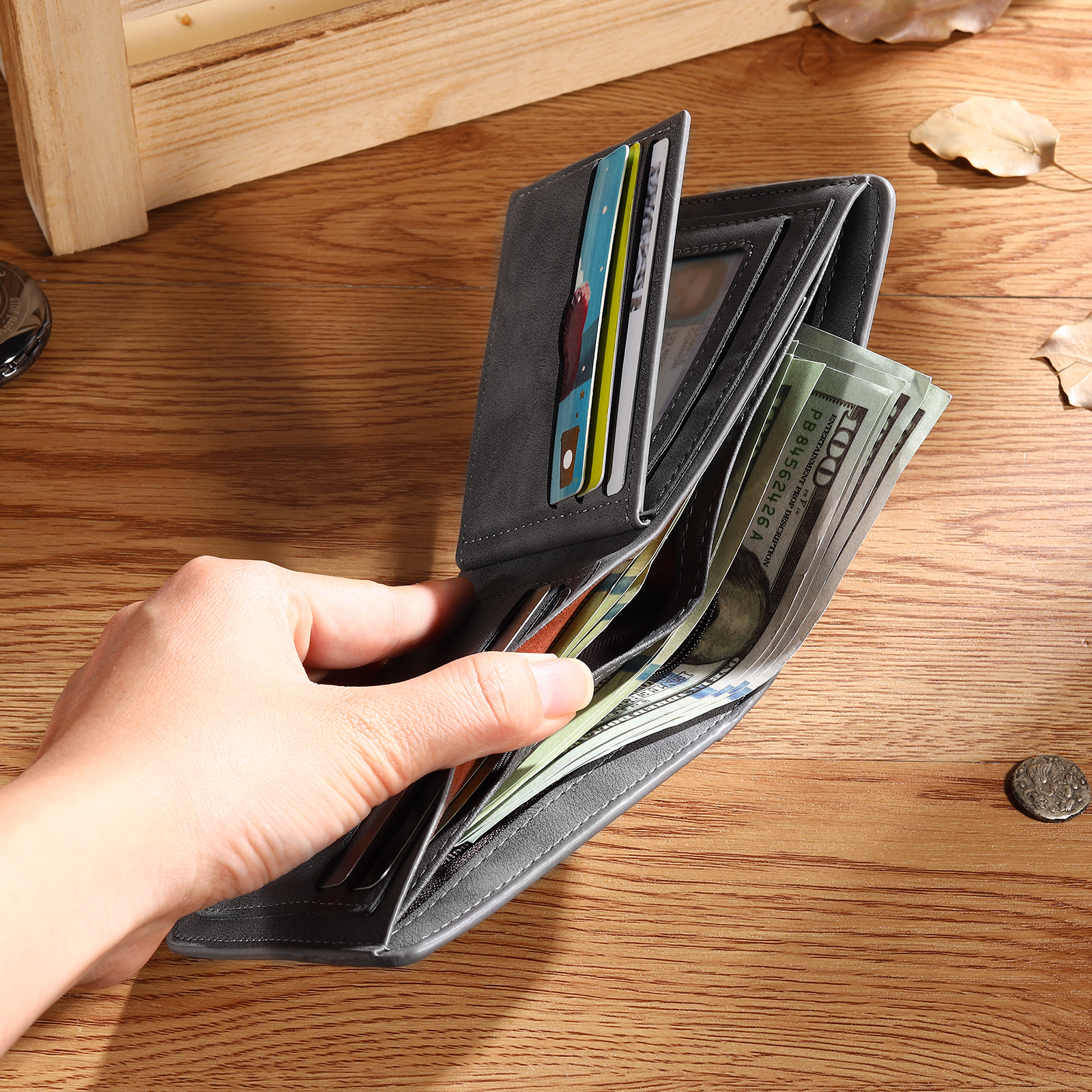 Personalized Men Leather Wallet Custom with Photo & Name & Letter Folding Wallet Gift for Him