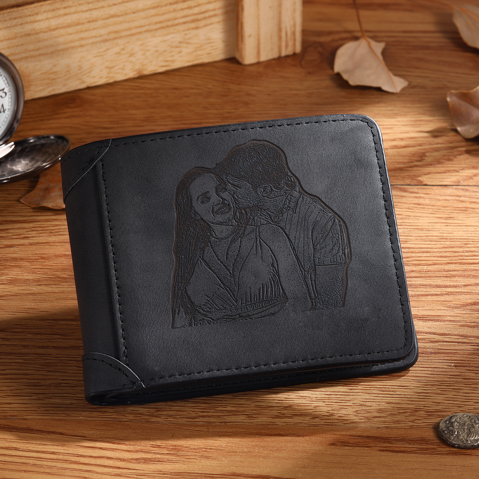 Personalized Men Leather Wallet Custom with Photo & Name & Letter Folding Wallet Gift for Him